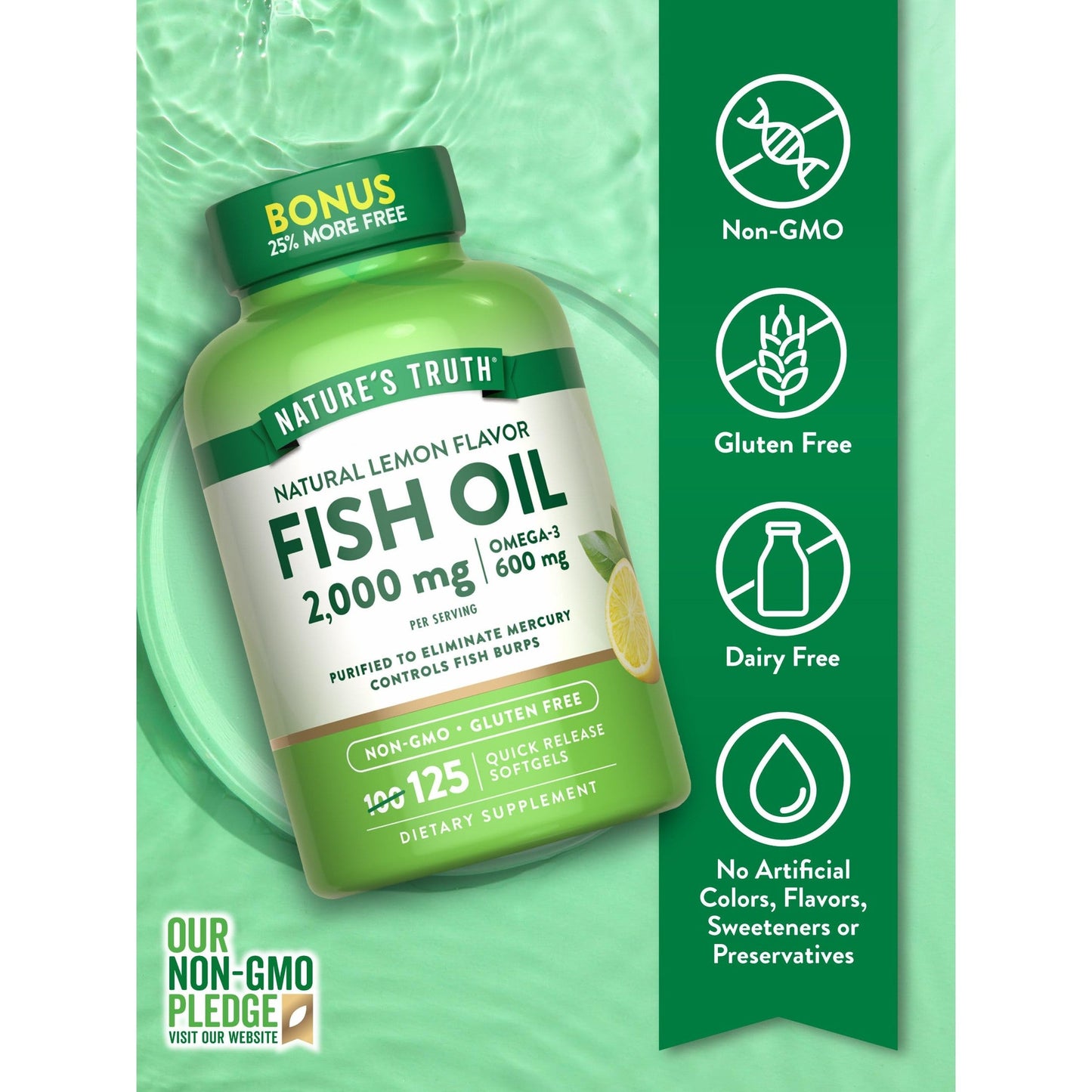 Nature's Truth Omega 3 Fish Oil 2000 mg | 125 Liquid Softgels | Burpless, Lemon Flavor Pills | Non-GMO and Gluten Free Supplement - Medaid International