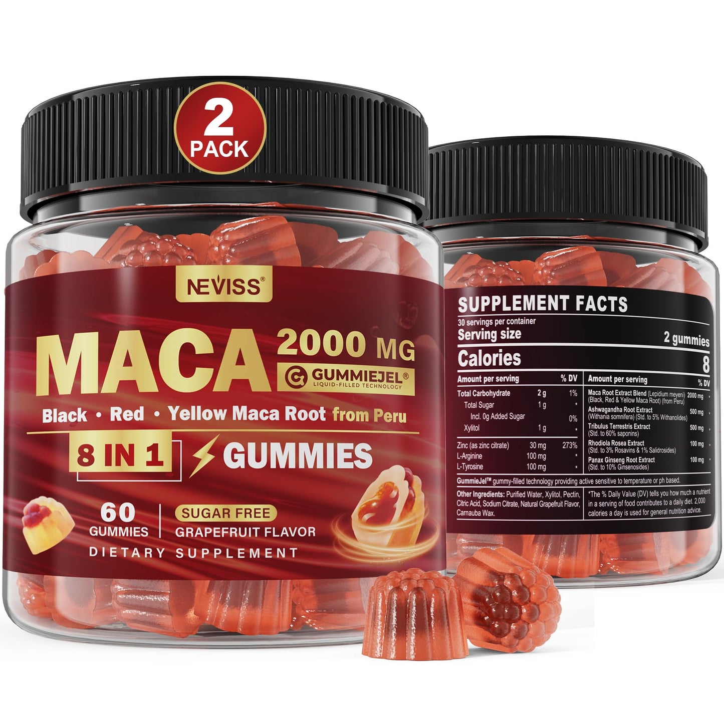 2 Pack Sugar Free Maca Root Gummies 2000mg with Ashwagandha, Tribulus Terrestris, Rhodiola, Panax Ginseng, L Arginine & L Tyrosine - Organic Black Red Yellow Maca Root for Women Men Energy Support - Medaid International