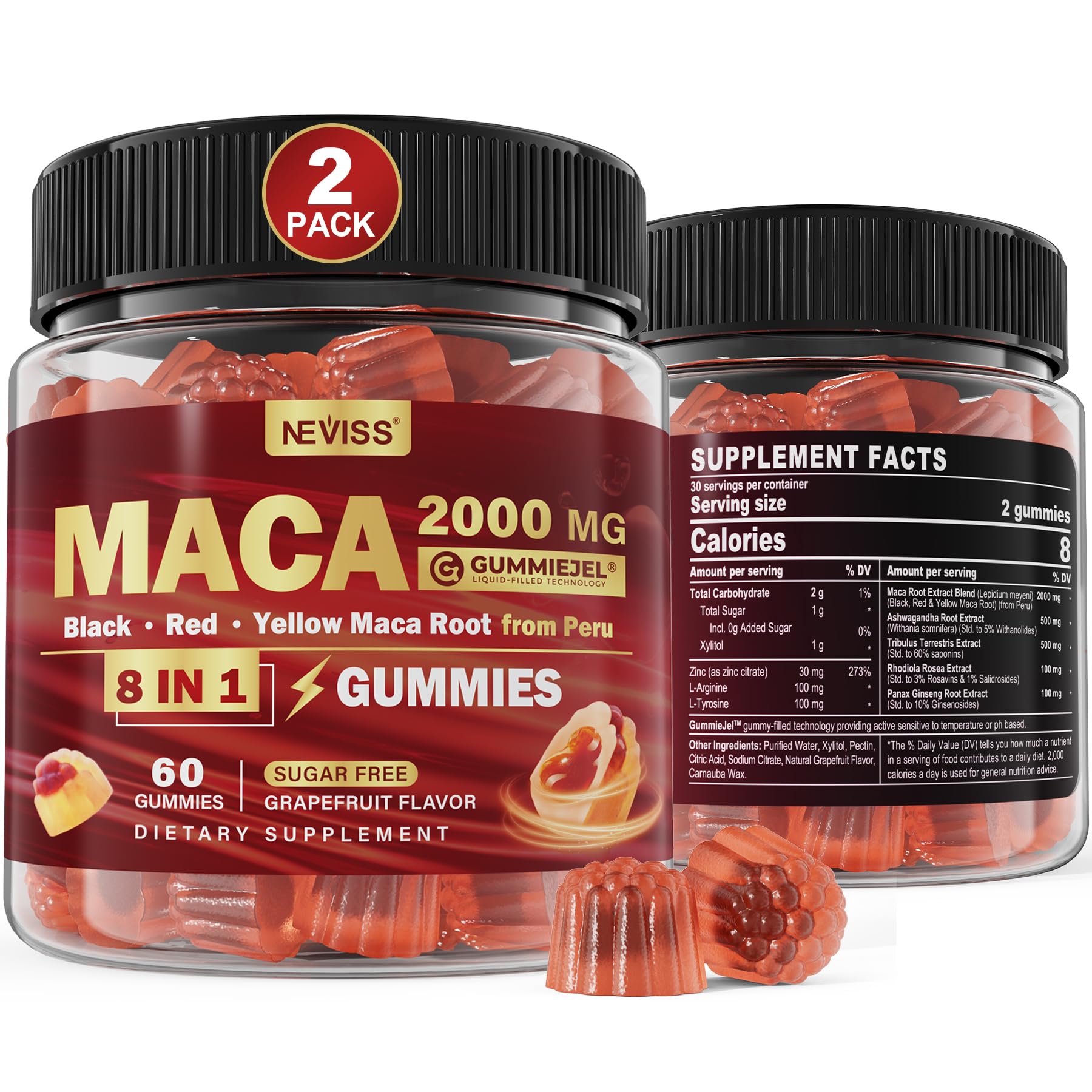 2 Pack Sugar Free Maca Root Gummies 2000mg with Ashwagandha, Tribulus Terrestris, Rhodiola, Panax Ginseng, L Arginine & L Tyrosine - Organic Black Red Yellow Maca Root for Women Men Energy Support - Medaid International