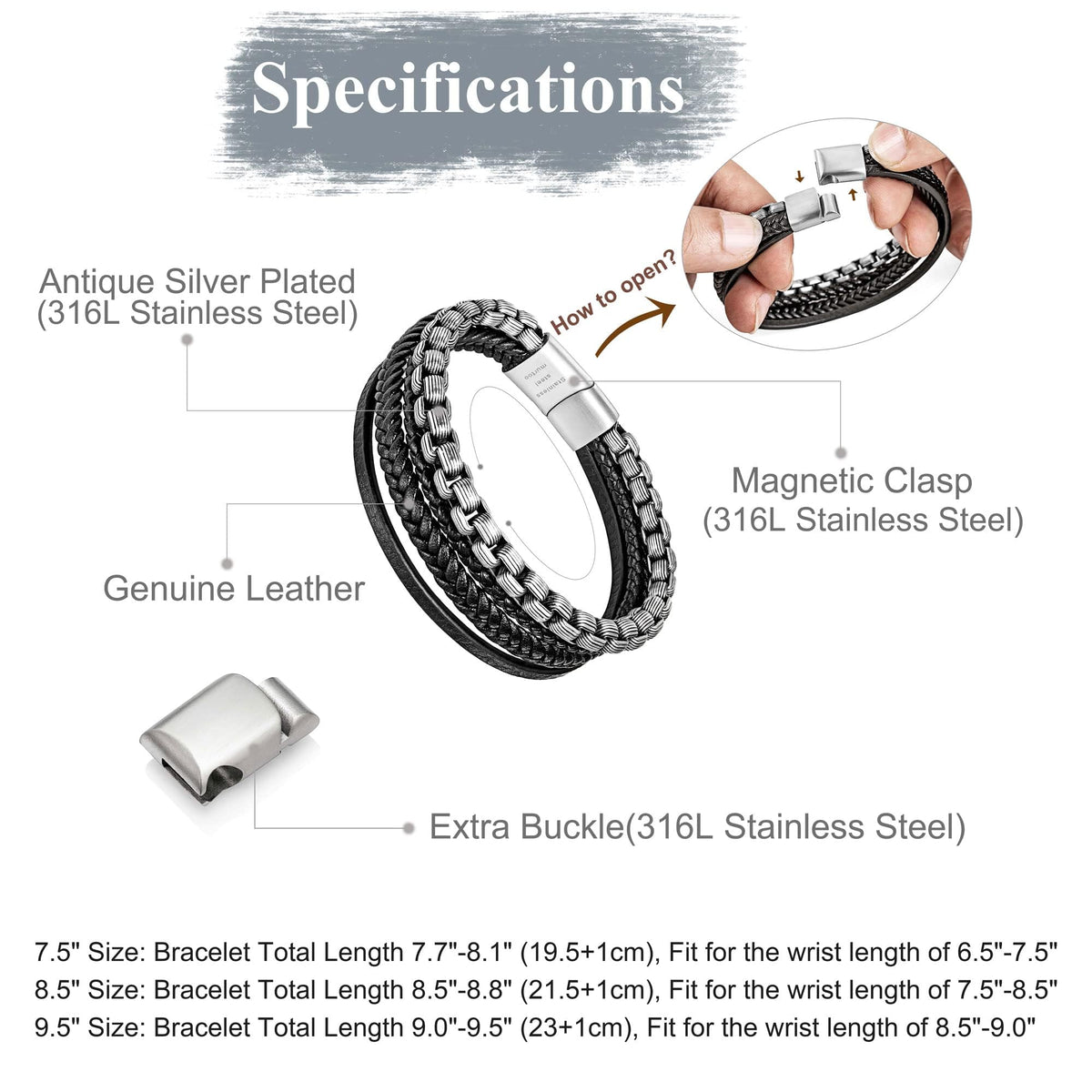 KASTWAVE Mens Bracelets, Adjustable Mens Leather Bracelet, Leather and Steel Bracelets, Chain Bracelets with Clasp, Steel Bracelets for Men