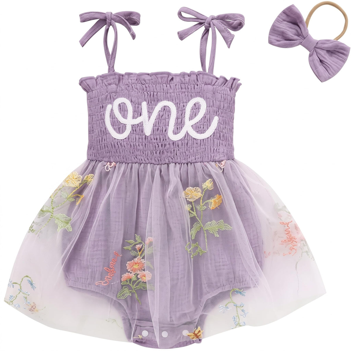 Baby Girl 1st Birthday Outfit, Floral ONE Tulle Romper Dress with Matching Headband Set, Sleeveless Princess Bodysuit Photo Props for 12-18 Months Cake Smash Party