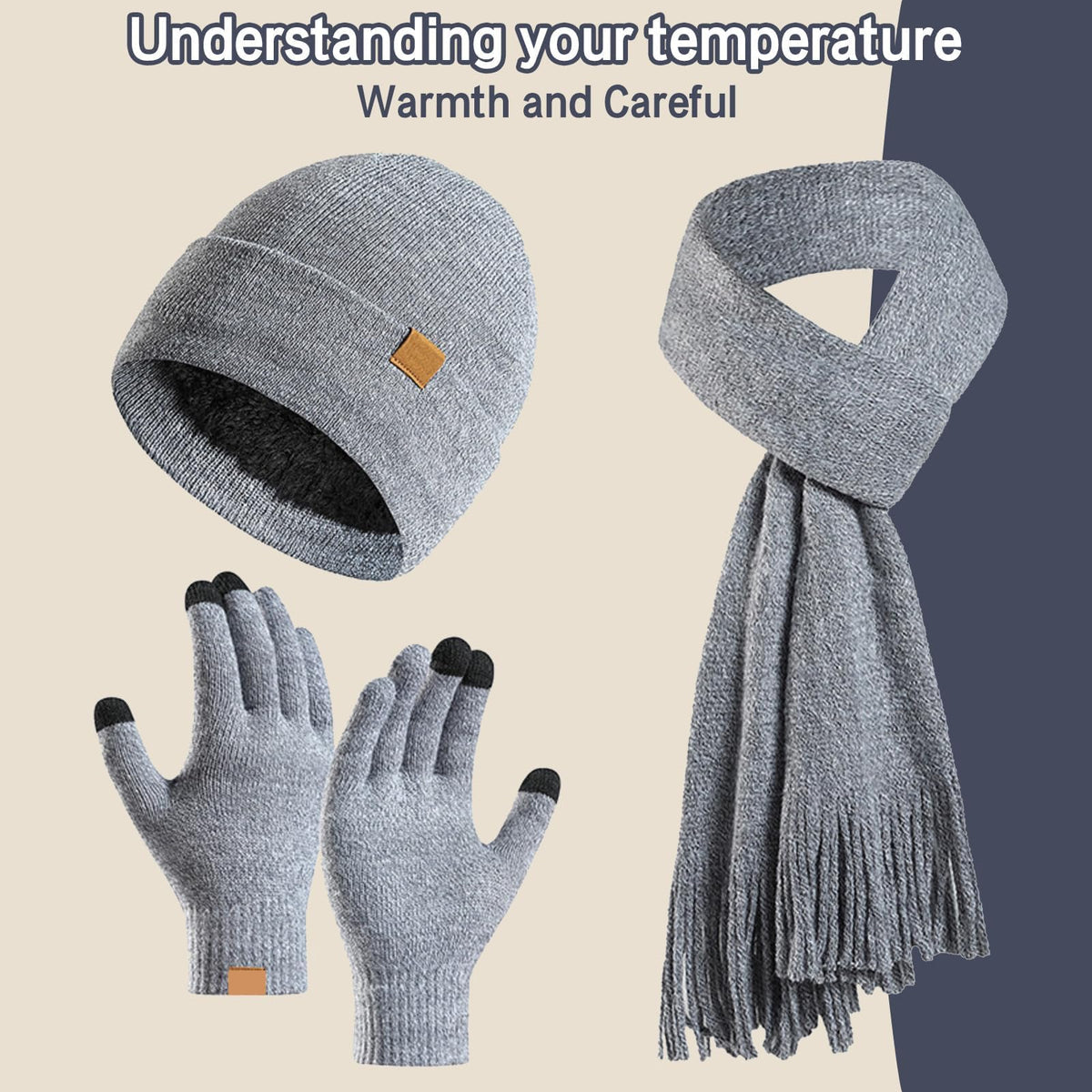 KASTWAVE 3PCS Winter Warm Hat Scarf Gloves Set, Beanie Warm Cotton Scarves, Winter Beanie Hat Scarf Gloves Set For Women Men