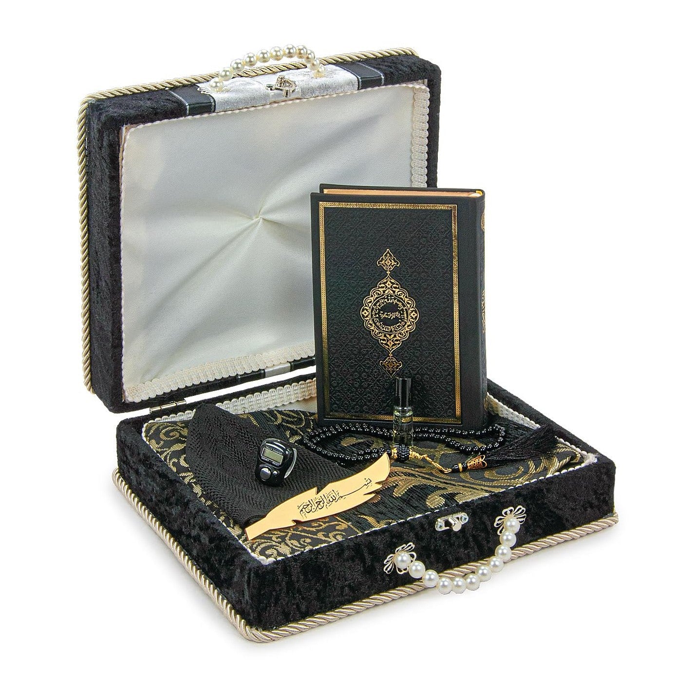 ihvan online, Muslim Prayer Rug Set, Arabic Quran, Prayer Beads, Mens Kufi Hat, Tasbeeh Counter, Islamic Scent, Dowry Gift Box for Men & Women, Janamaz, Salah Mat Gifts Set Wedding, Ramadan, Black - Medaid International