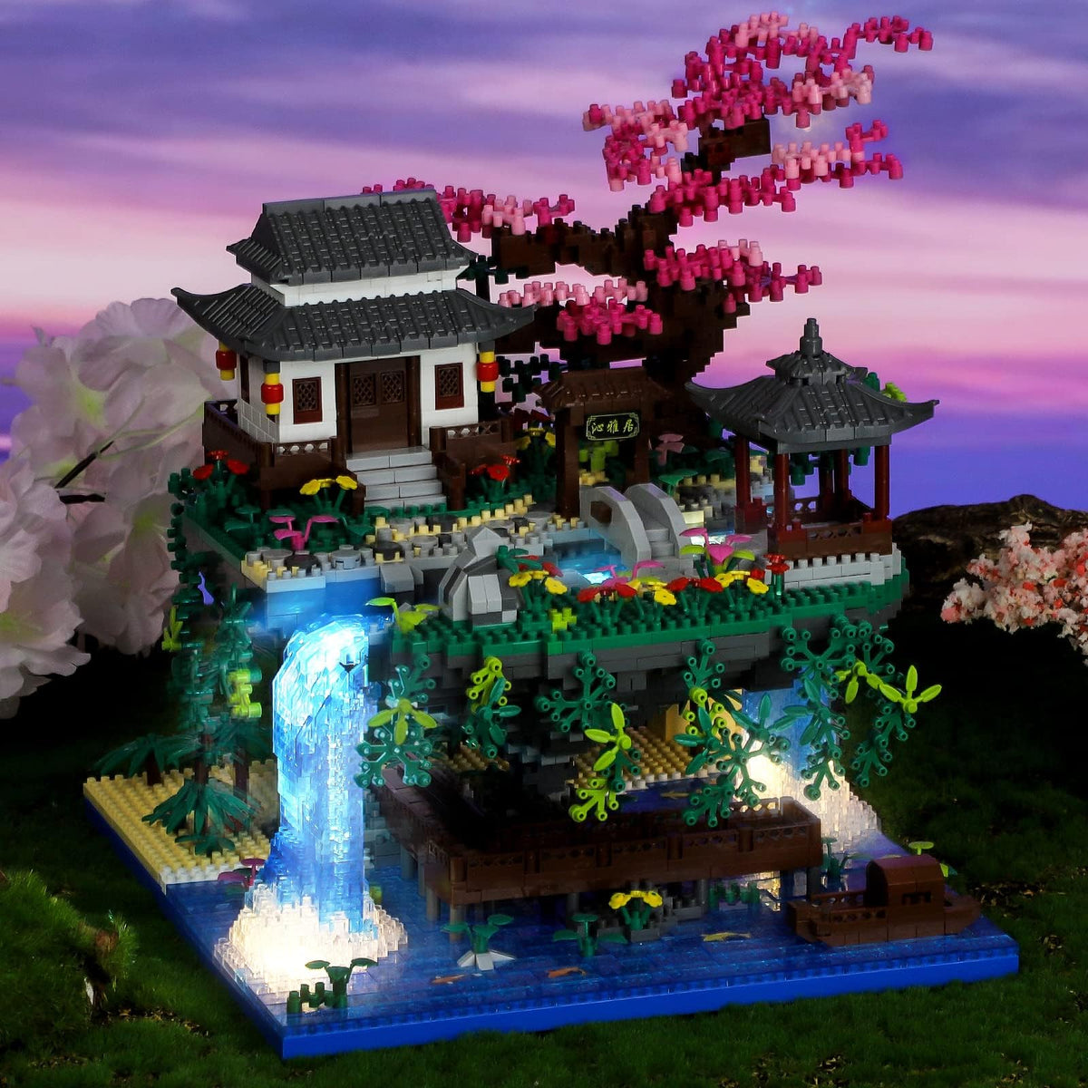 KASTWAVE Peach Blossom Pond Micro Mini Building Blocks Set, Chinese Architecture Cherry Bonsai Gift Toys with String Lights, Japanese Sakura Tree House Micro Bricks for Adults and 14+ Kids (3320 Pcs)