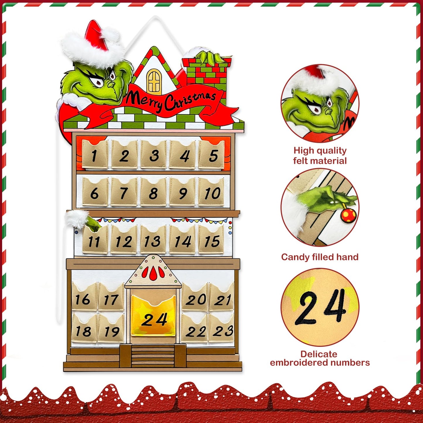 KOUPA Hanging Christmas Countdown Advent Calendar, Santa Grinch Green Haired Monster Decoration, Reusable Xmas Gift for Holiday Party Winter - Medaid International
