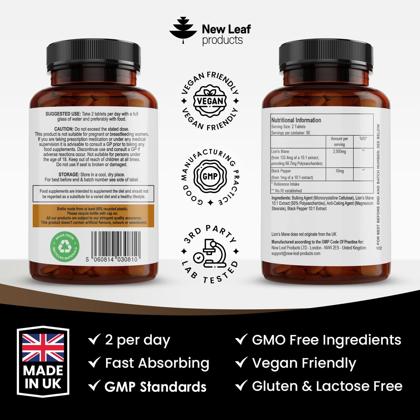 New Leaf Products Lions Mane Mushroom Extract Supplement 2000mg - 180 High Strength Vegan Tablets with Black Pepper - (Not Powder or Capsules) Made in The UK - Medaid International