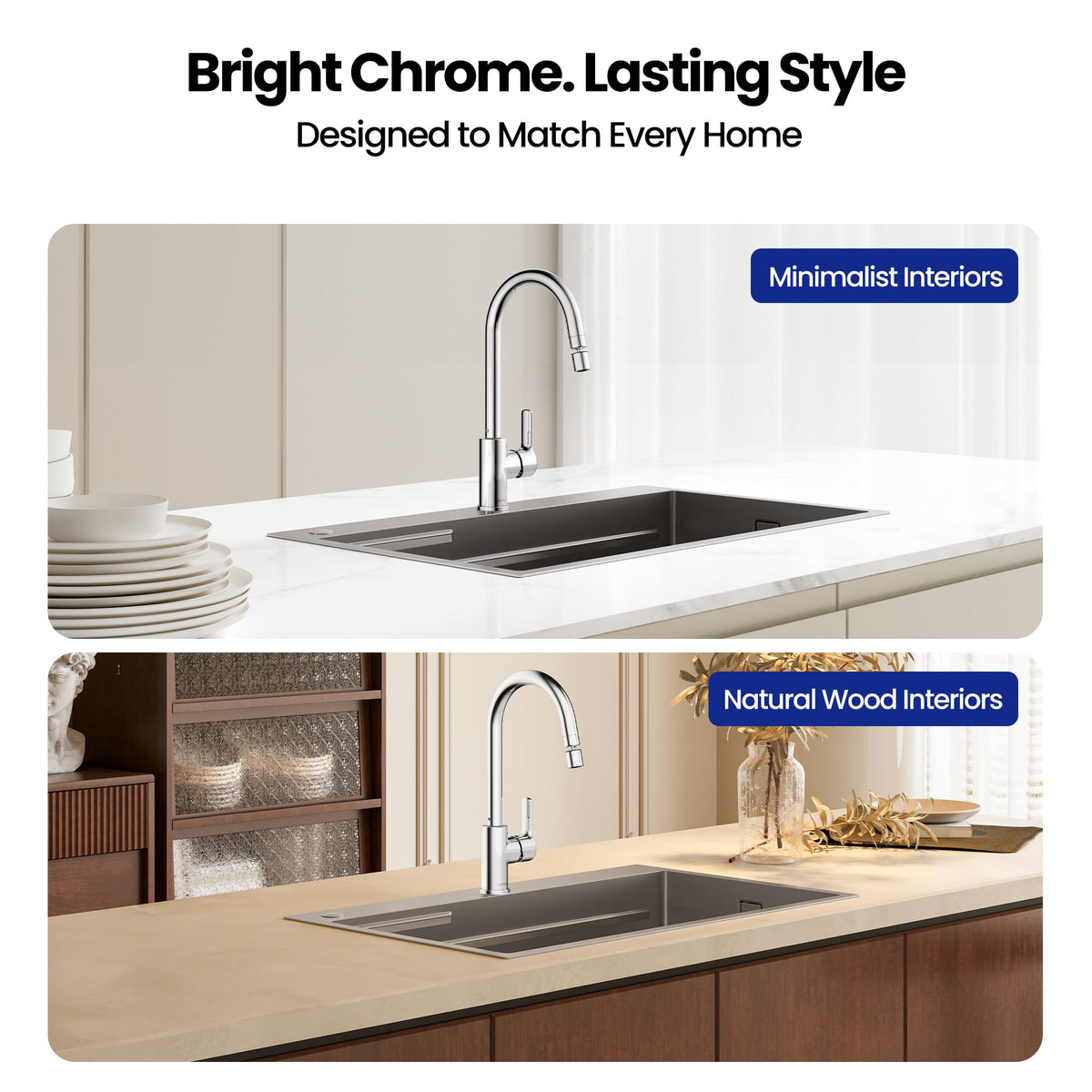 JOMOO Kitchen Faucet, 360° Swivel Dual-Spray Sink Tap, Lead-Free Honeycomb Anti-Splash Aerator, Hot & Cold Water, Corrosion-Resistant Chrome Finish, with 2 Stainless Steel Hoses