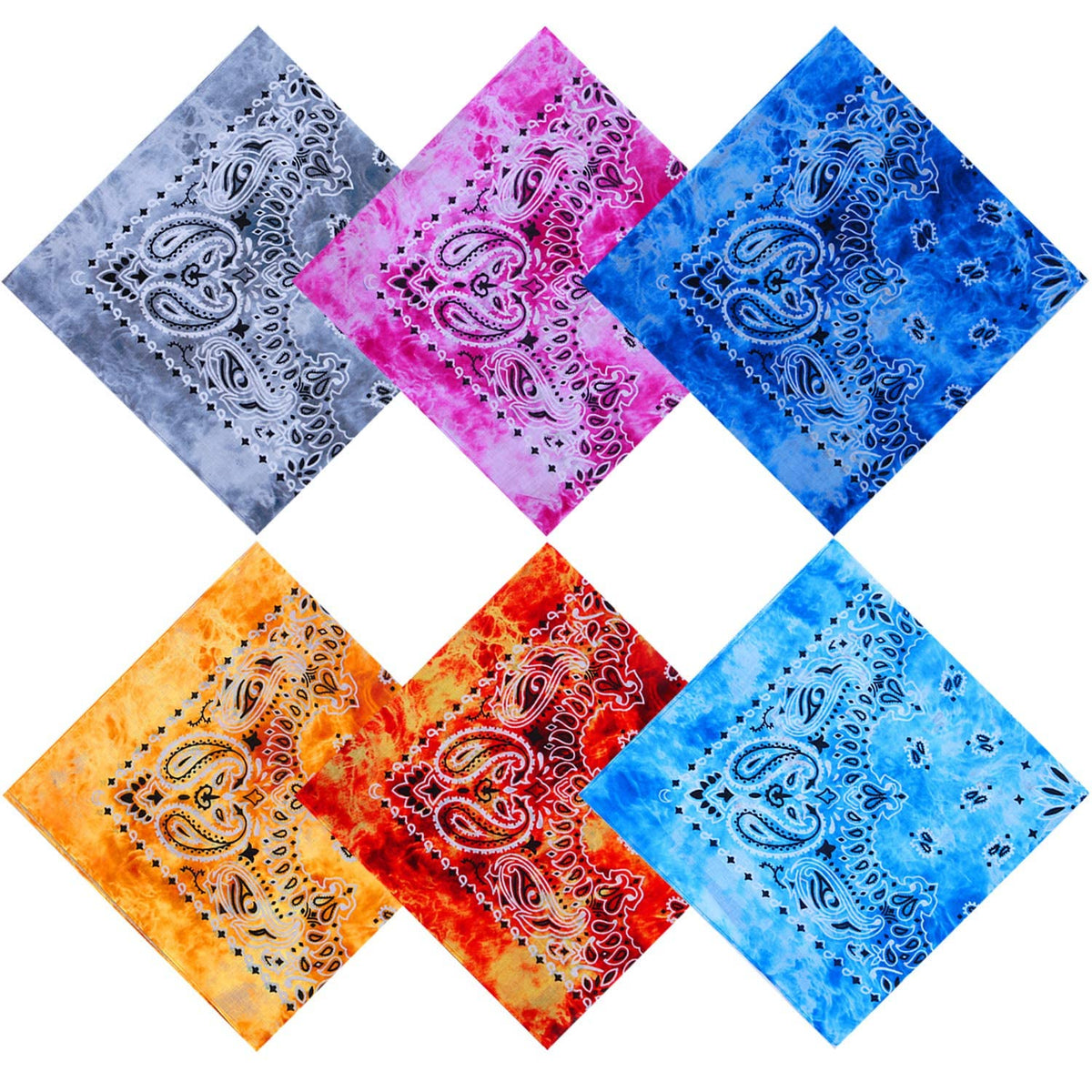 TERRIFI 6 Pack Tie Dye Bandana Cotton Paisley Bandanas Headbands Cowboy Handkerchiefs for Men and Women, 22 x 22 inches