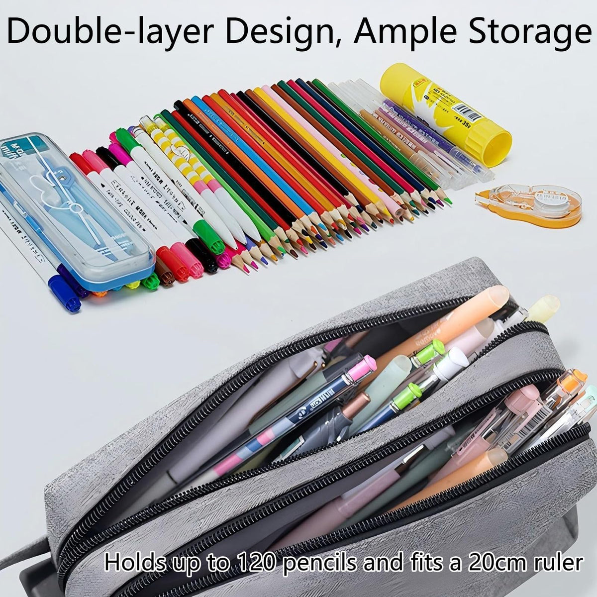 Portable Storage Bag with Lock 2 Big Compartments, Waterproof & Stain-Resistant Cosmetic Bag, Wide Zipper Opening Organizer for Office Travel (Gray)