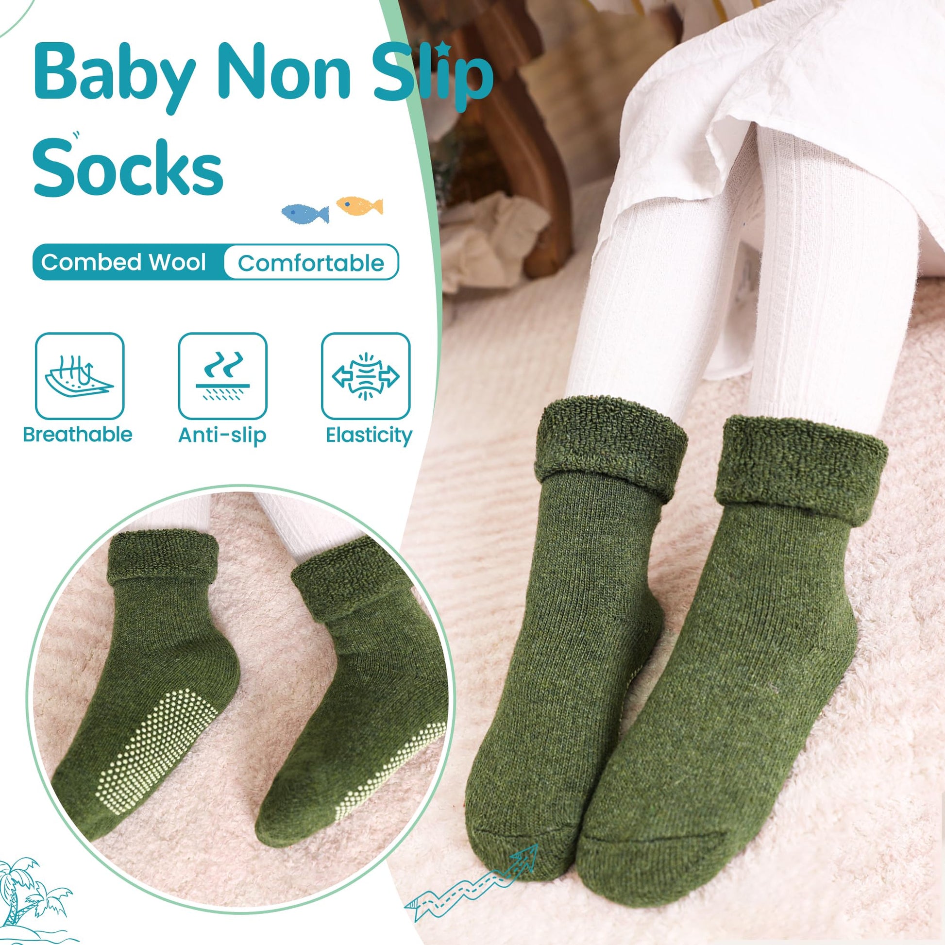 Eocom 6 Pairs Baby Boy Girl Non Slip Socks Child Toddler Winter Thick Soft Wool Kids Warm Socks with Grips (Solid Color B, 3-5T) - Medaid International