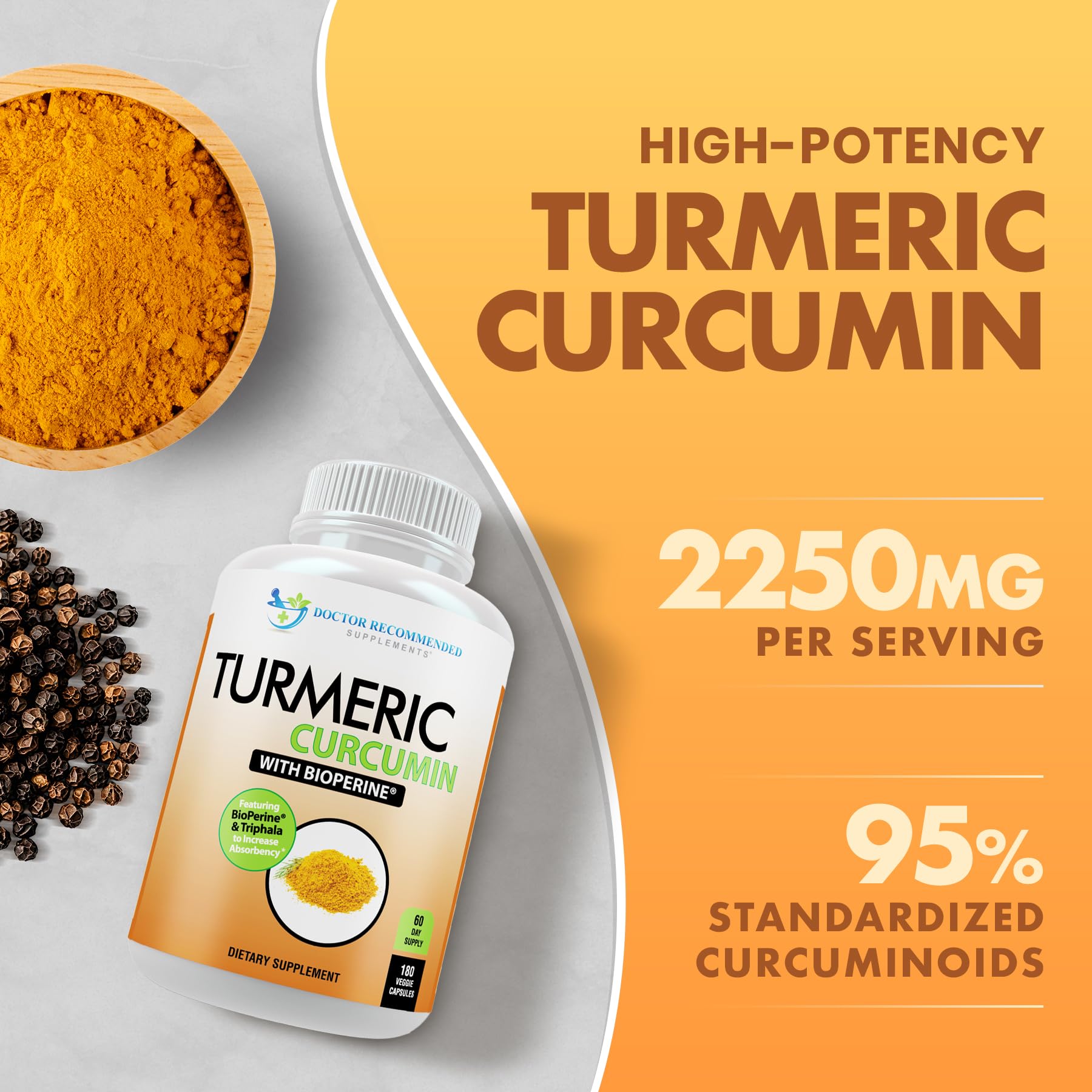 Turmeric Curcumin Supplement - 2250mg/d - Veggie Caps - 95% Curcuminoids with Black Pepper Extract (Bioperine) - 750mg Capsules - 100% Organic - Most Powerful Turmeric (180 Count) - Medaid International
