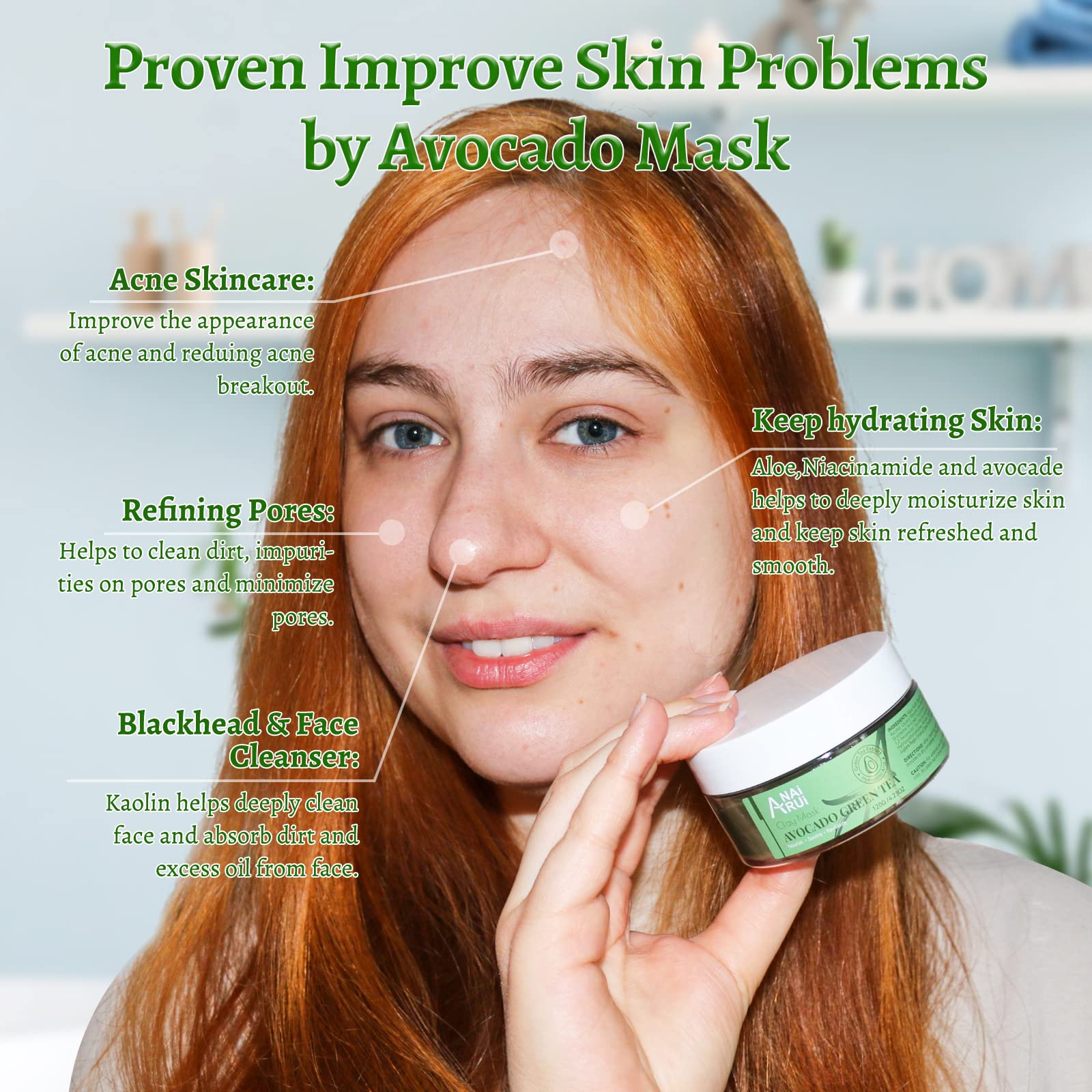 ANAI RUI Green Tea Face Mask with Avocado, Clay Facial Mask for Acne, Detox, Face Cleansing Mask, Hydrating, Nourishing, Soothing, 120g/4.23 oz - Medaid International