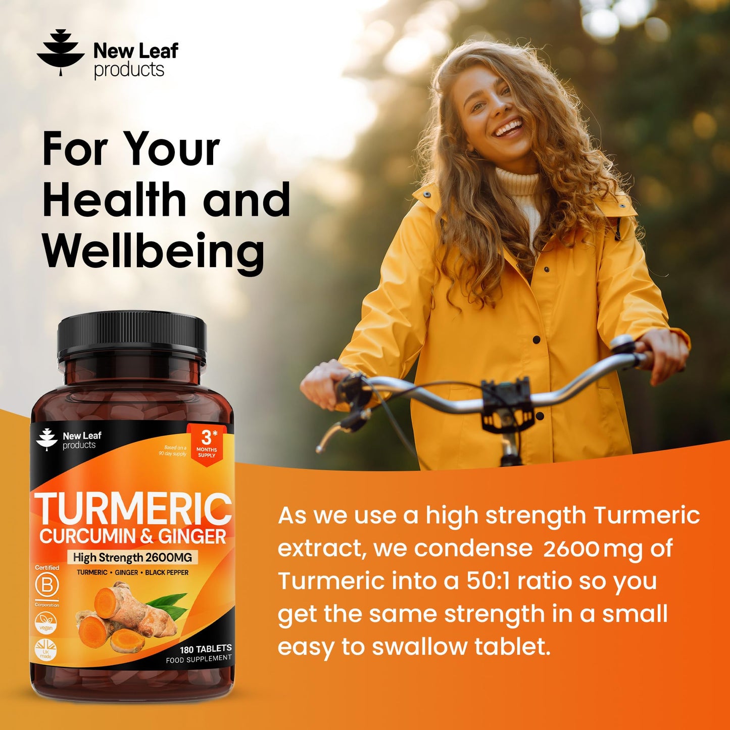 Turmeric Tablets with Black Pepper & Ginger - Curcumin - 180 Turmeric and Black Pepper Tablets (3 Month) High Strength Active Turmeric Supplements Not Capsules, by New Leaf - Medaid International