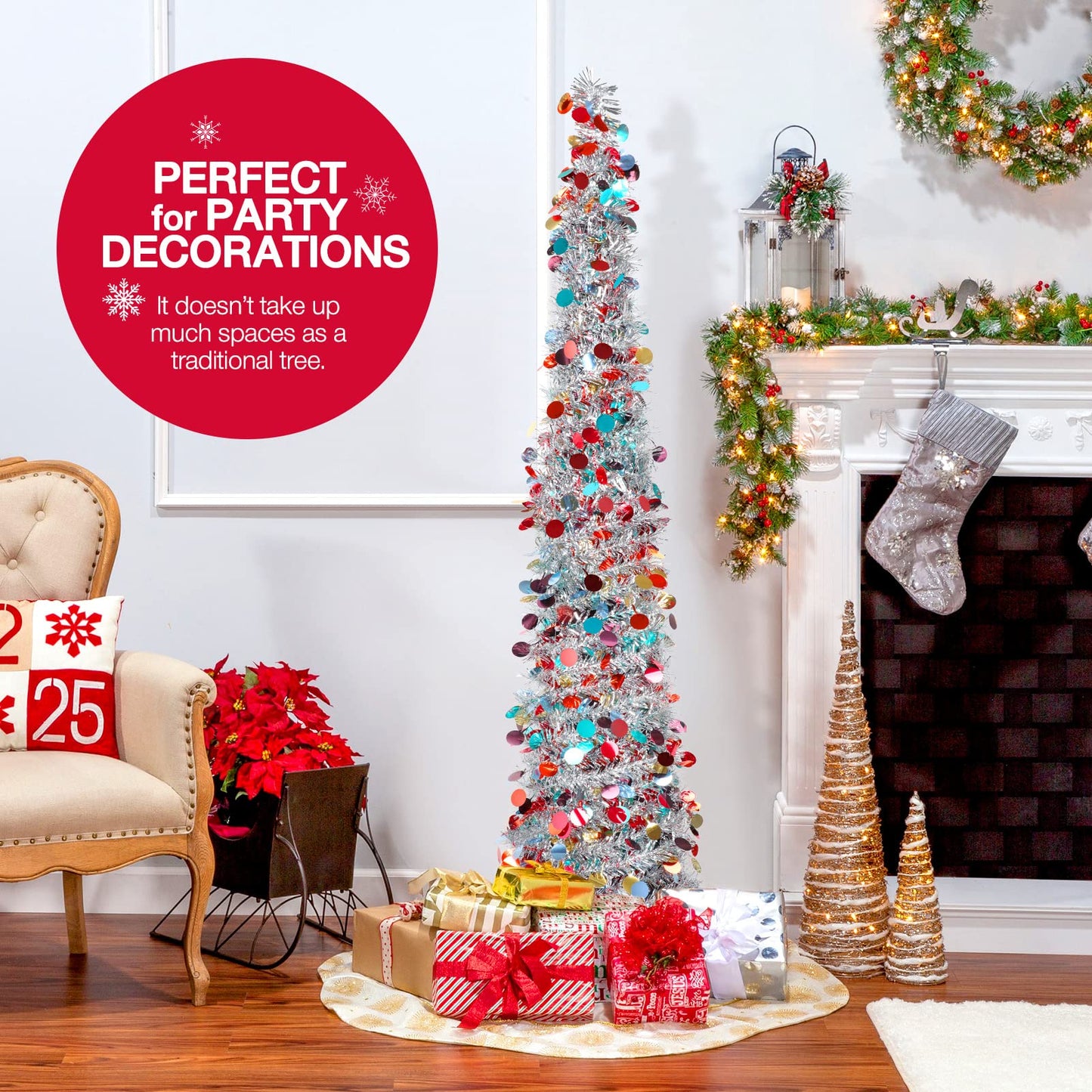 Christmas Tree, 5Ft Artificial Christmas Tree Decorations Pencil Xmas Tree for Home Party Office Fireplace Holiday Decorations Valentines Day Decoration Gifts for Mom(Silver) - Medaid International
