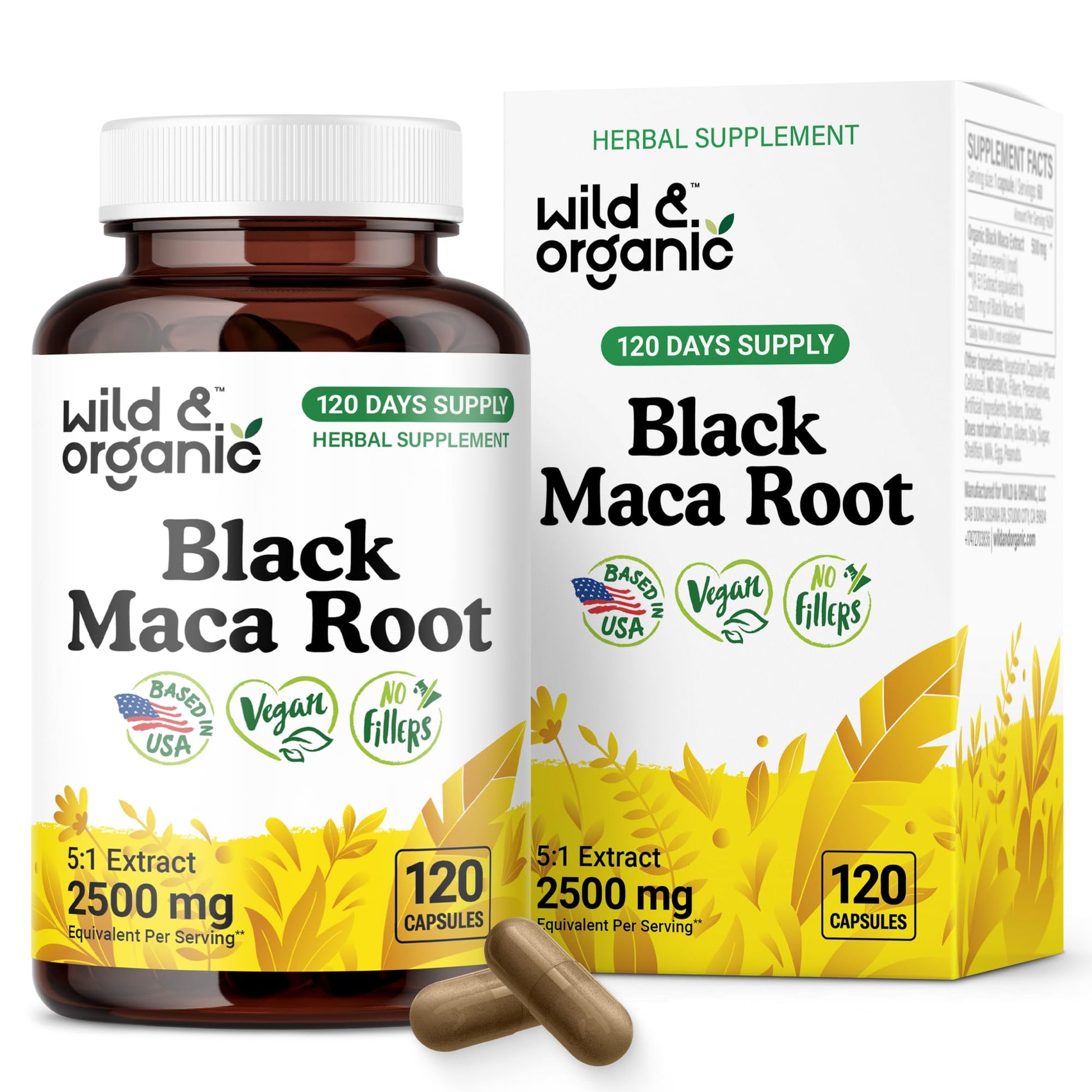 Wild & Organic Black Maca Root Capsules for Women & Men 500 mg - Overall Support - 120 Vegan Capsules with Maca Powder - Men & Women Supplement - 120 Days Supply, Non-GMO, No Fillers, Gluten-Free - Medaid International