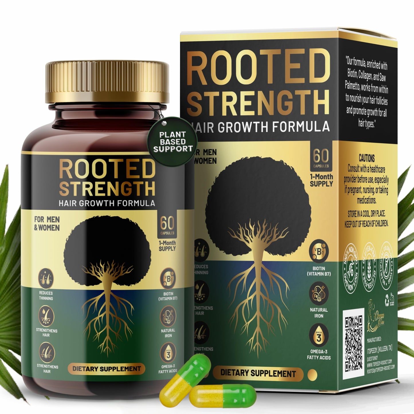 Rooted Strength Hair Growth Vitamins – Hair Vitamins for Black Women & Men with DHT Blocker & Collagen, Advanced Biotin for Hair Growth Women, 60 Capsules, 1-Month Supply, for Thicker, Stronger Hair - Medaid International