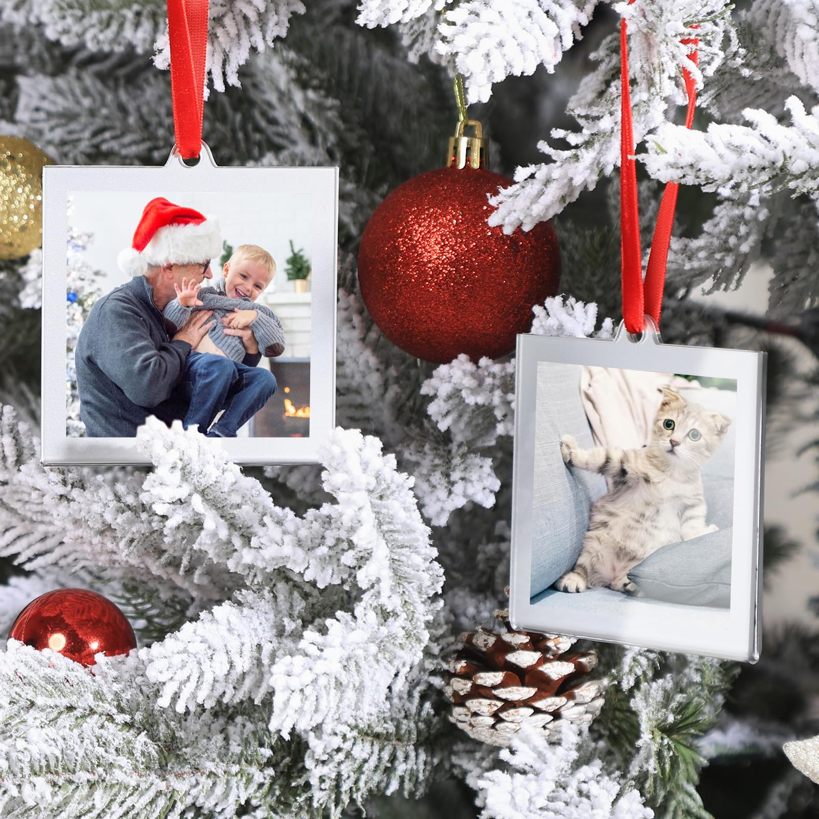 UNIQOOO 3.2 x 3.2 inch Christmas Acrylic Silver Photo Frame Ornaments for Display Picture, 6 Pcs Festive Hanging Decoration, Double-Sided Picture Frames for Holiday Season Home Party Xmas Tree Decor - Medaid International