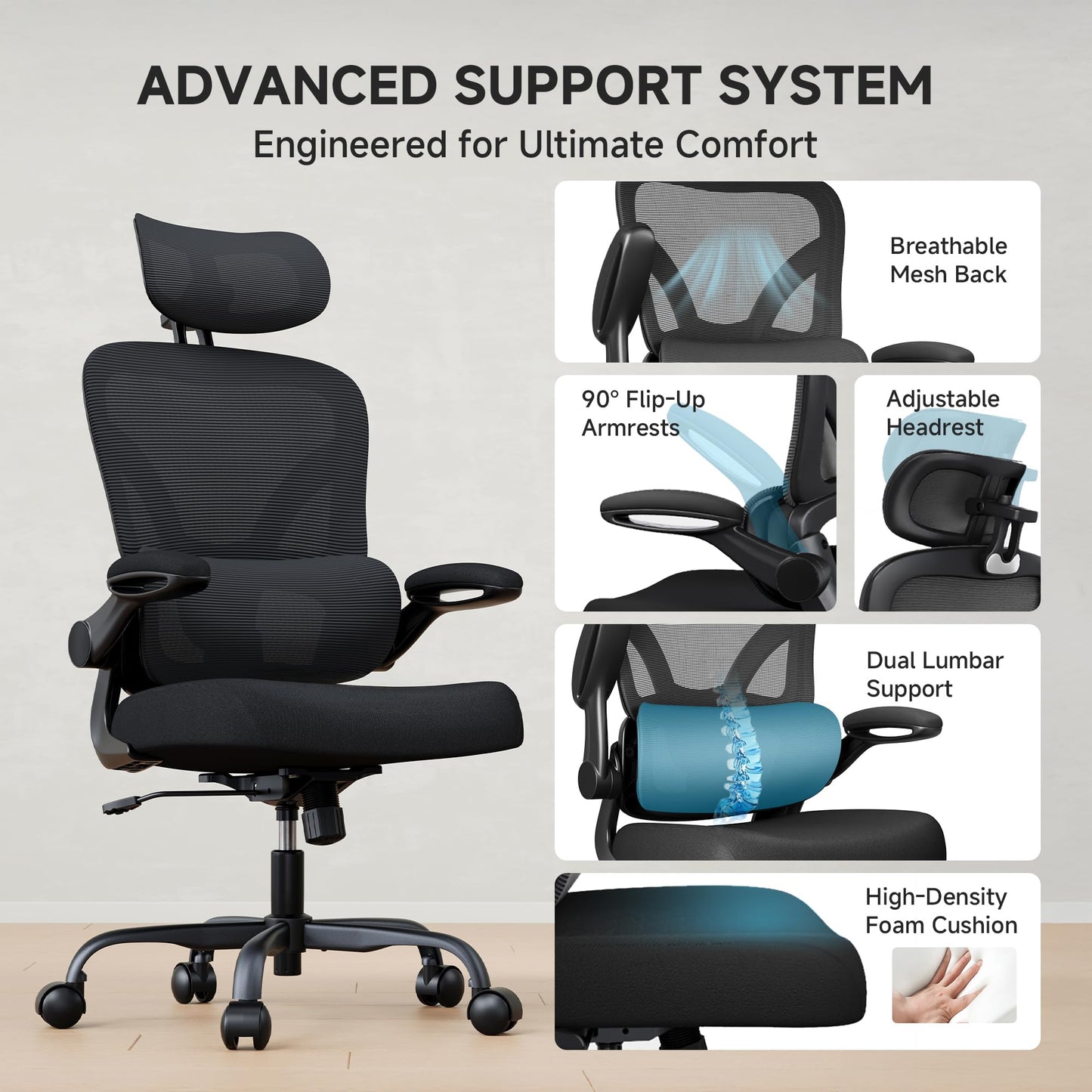 PKPT Ergonomic Desk Chair with Adjustable Lumbar Support & Headrest, 330 LBS High Back Mesh Office Chair with Adjustable Armrest for Long Hours, Executive Large Computer Chair, Black - Medaid International