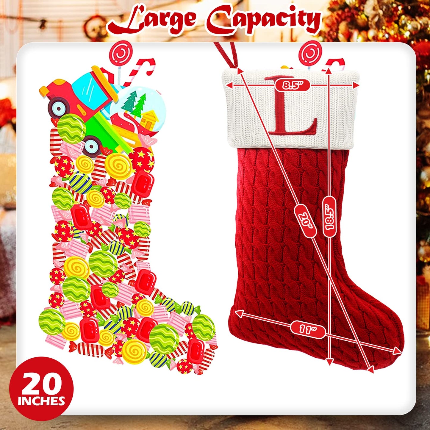 ZOEA 20 Inches Christmas Stockings with Initials, Large Embroidered Letter Knit Christmas Stocking for Family Holiday Decorations and Xmas Gift (L, Red) - Medaid International