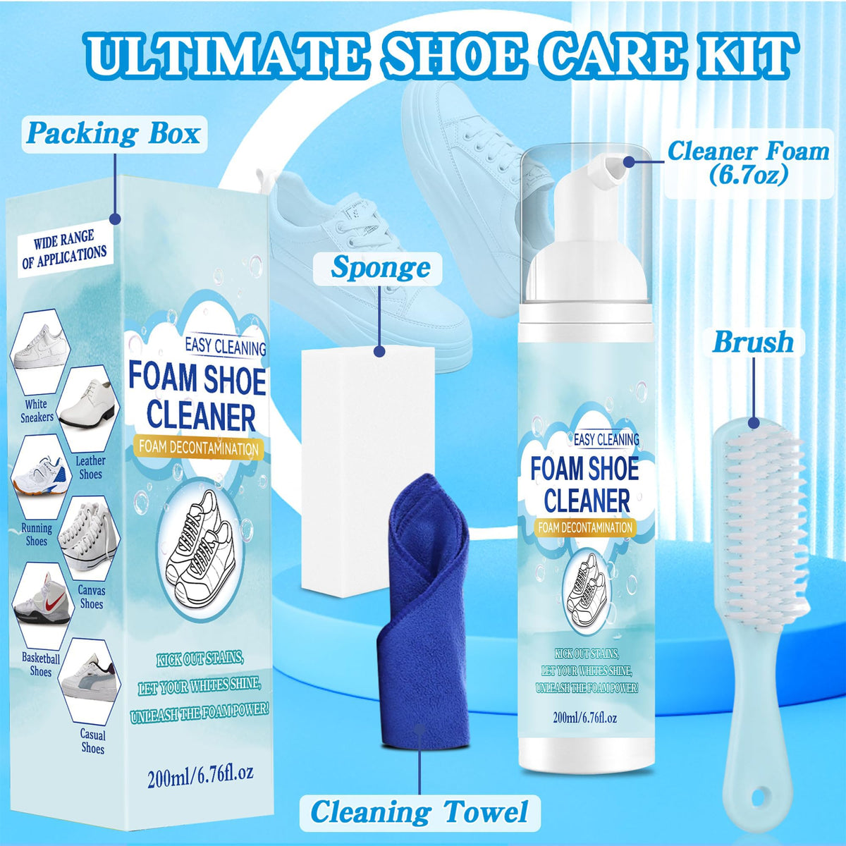 Shoe Cleaner Kit, White Sneakers Cleaner with Brush and Towel, 6.76 Oz, Removes Dirt and Stains from Leather, Knit, Boots, Canvas, Suede, PU
