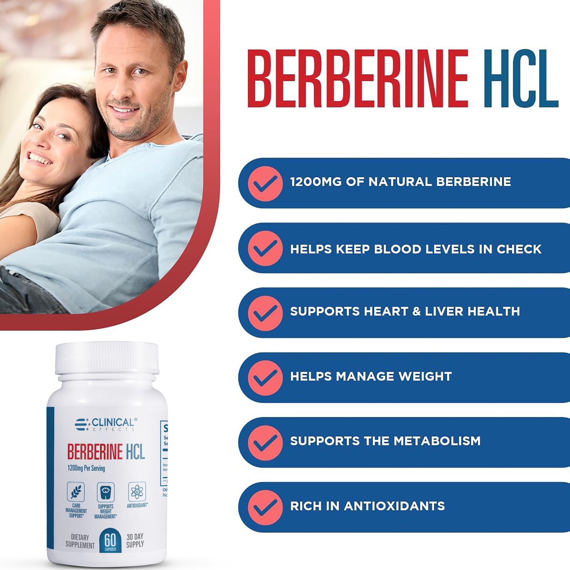Clinical Effects Berberine HCL - Pure Berberine 1200mg - Liver Support - Vegan Supplement - 60 Veggie Capsules - Made in The USA - Medaid International