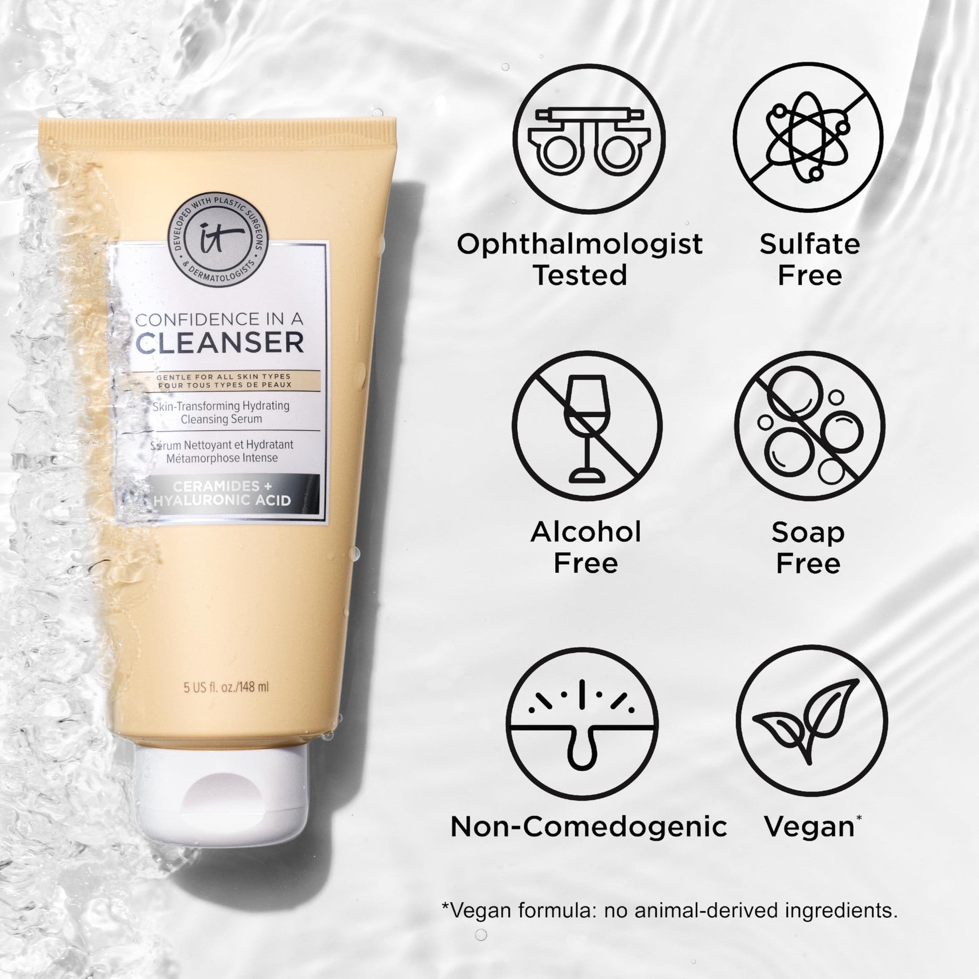 IT Cosmetics Confidence in a Cleanser - Hydrating Serum Foaming Face Wash With Hyaluronic Acid & Ceramides, Gentle Makeup Remover, Skin Barrier Support, Non-Stripping, Sulfate-Free - 5 fl oz - Medaid International