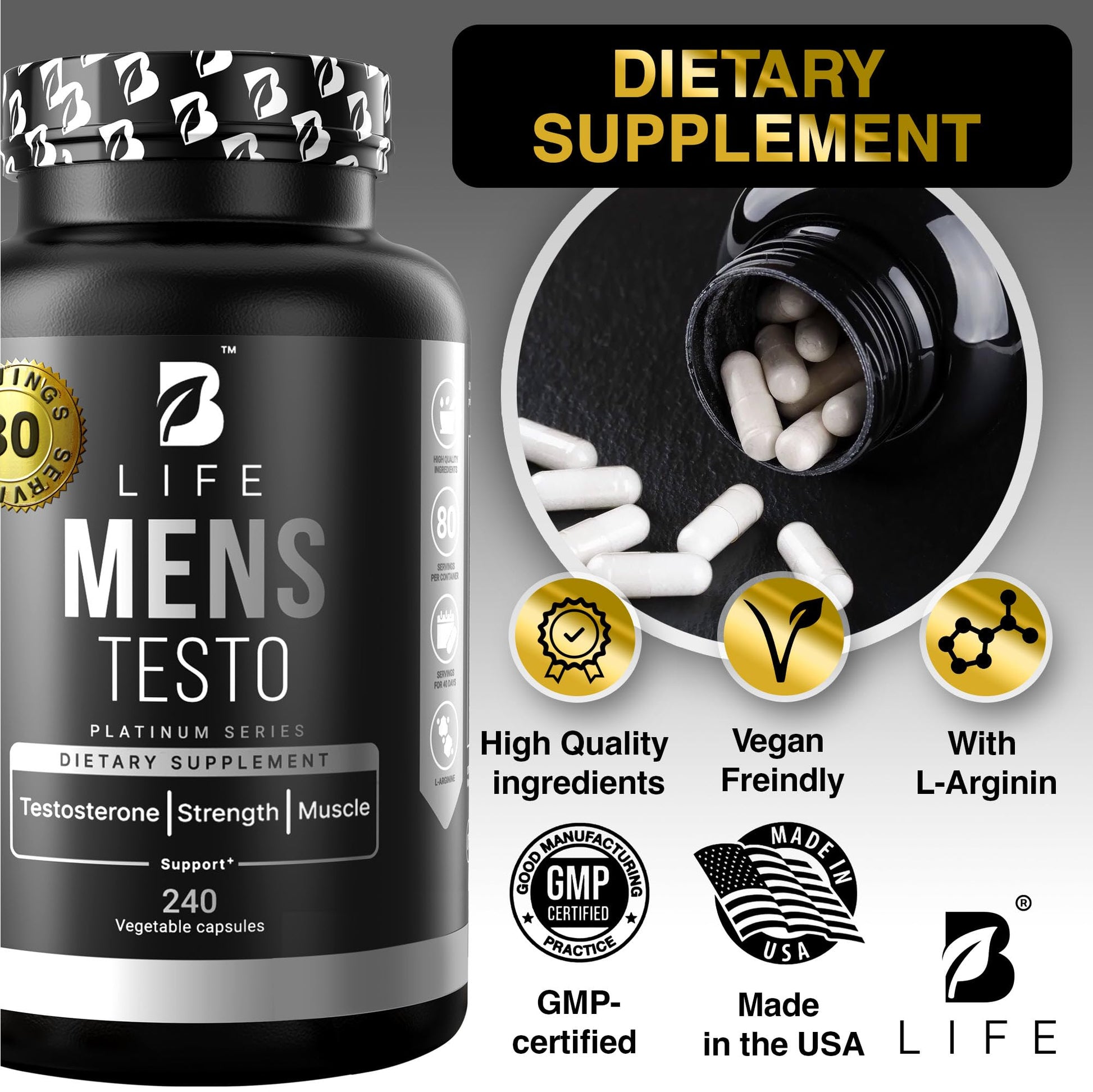 Testosterone Booster Supplement for Men | Boron Supplement for Men with Tribulus Terrestris, Black Maca, Horny Goat Weed, L-Arginine | Stamina, Endurance, Muscle Growth & Strength | 80 Servings - Medaid International