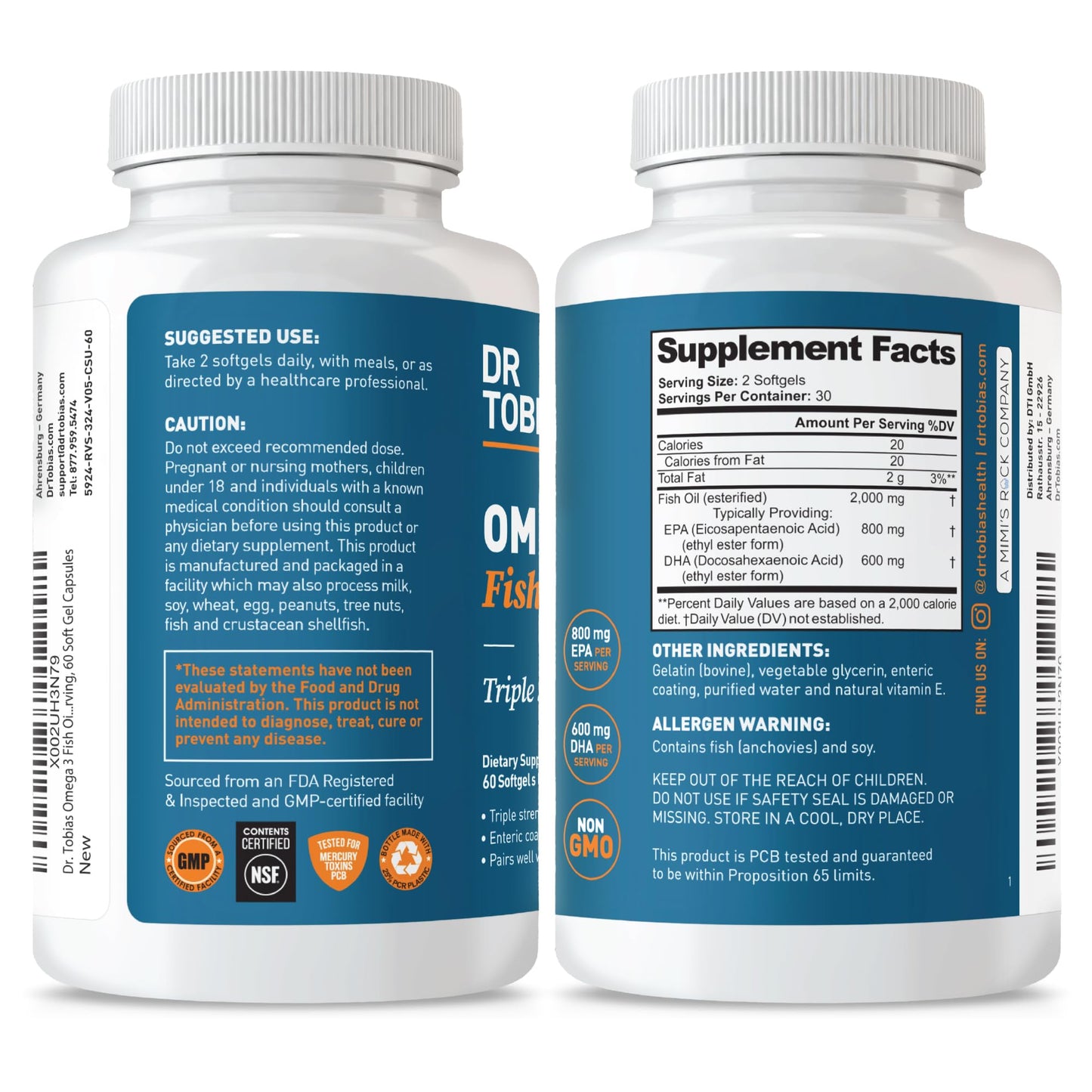 Dr. Tobias Omega 3 Fish Oil, 2000mg Triple Strength with 800mg EPA 600mg DHA Per Serving, Fish Oil Omega 3 Supplements for Heart, Brain & Immune Support, 60 Softgels, 30 Servings - Medaid International