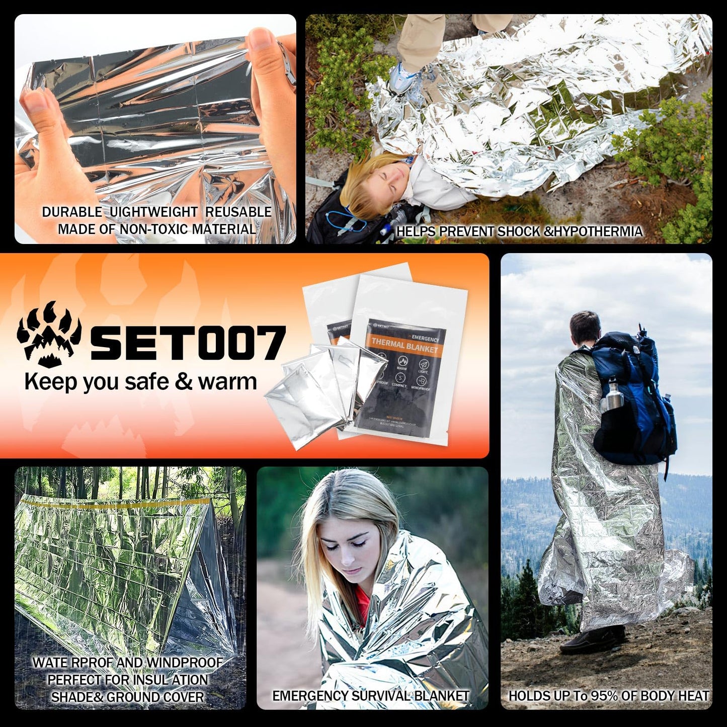SET007 5-Pack Emergency Mylar Thermal Blankets, 82"x62" Space Blankets Foil Blanket, XL Camping Blanket for Outdoors, Hiking, Survival kit, Bug Out Bag，Marathons or First Aid, Silver