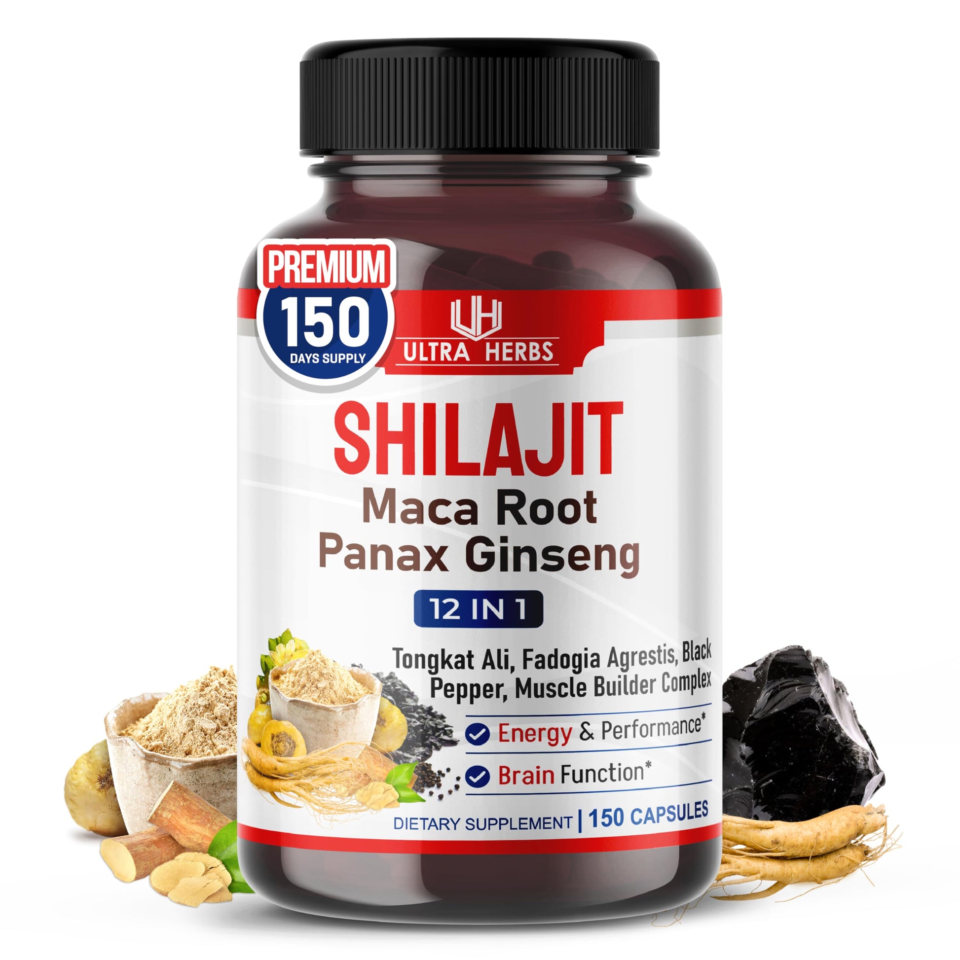 Shilajit Pure Himalayan - Energy Booster 85% Fulvic Acid, Maca Root, Panax Ginseng, Tongkat Ali, Fadogia Agrestis - Metabolism & Immunity Support - 150 Capsules - Medaid International