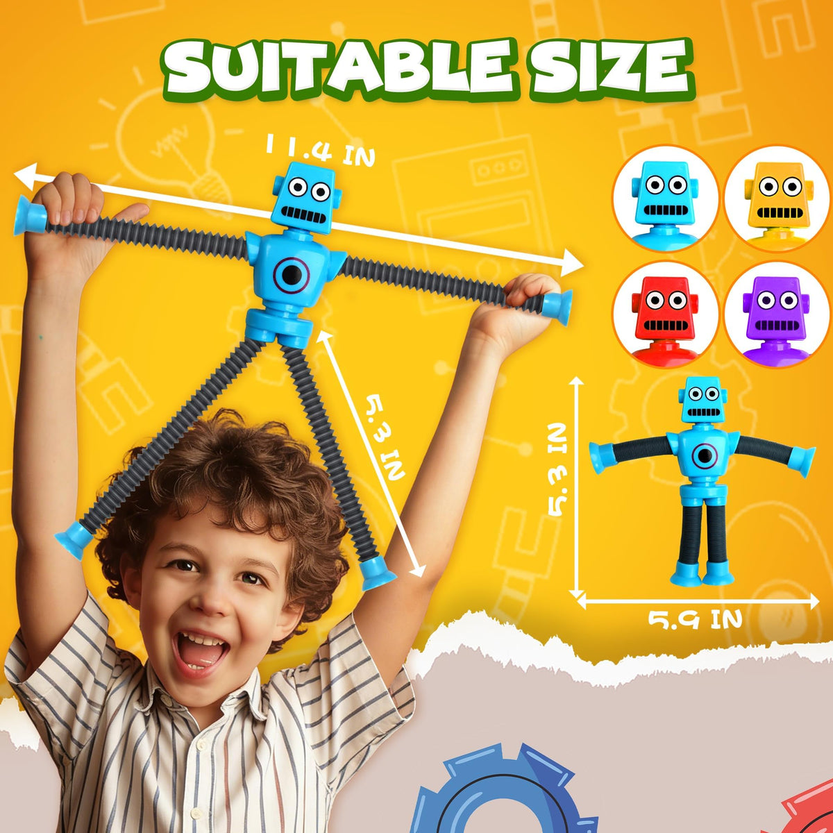 Easter Basket Stuffer Gift Robot Sensory Travel Toys 4Pcs for Toddlers Kid Boy Year Old Ages 3 4 5 6 7 8 9, Airplane Activities Suction Autism Pop Tube Fidget Toys Autistic Stocking Valentine for Kids