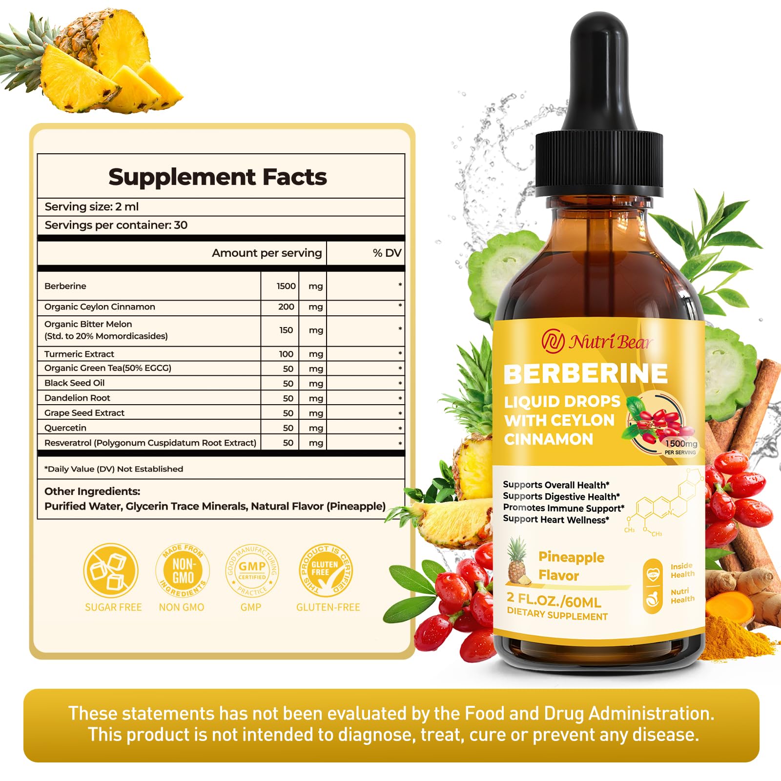 Berberine Supplement with Ceylon Cinnamon, Berberine HCL Liquid Drops with Turmeric, Bitter Melon, Quercetin, 10X Strength AMPK for Digestion System, Immune Health Support -Vegetarian, 2 fl oz - Medaid International