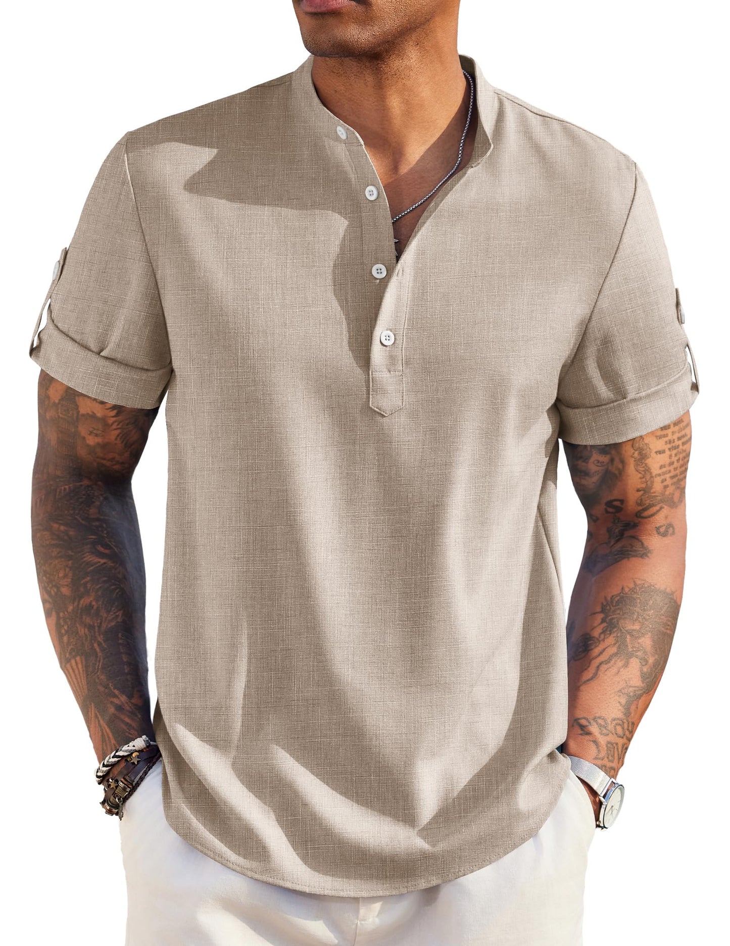COOFANDY Men's Cotton Linen Henley Shirt Short Sleeve Hippie Casual Band Collar Summer Beach T-Shirts Khaki - Medaid International
