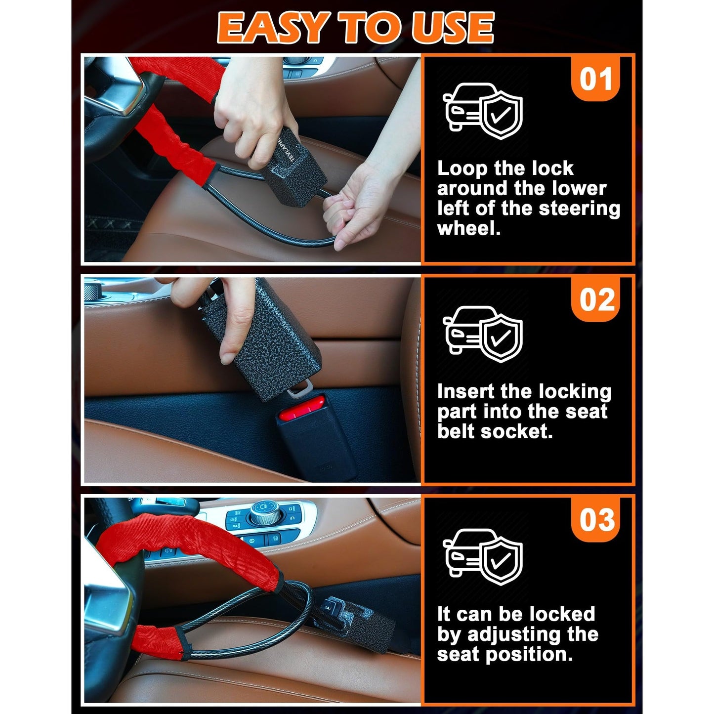 Tevlaphee Steering Wheel Lock Seat Belt Lock Universal Anti Theft Car Device Car Lock Car Theft Prevention with 3 Keys for Car Security Fit Most Vehicles Truck SUV Van (Red) - Medaid International