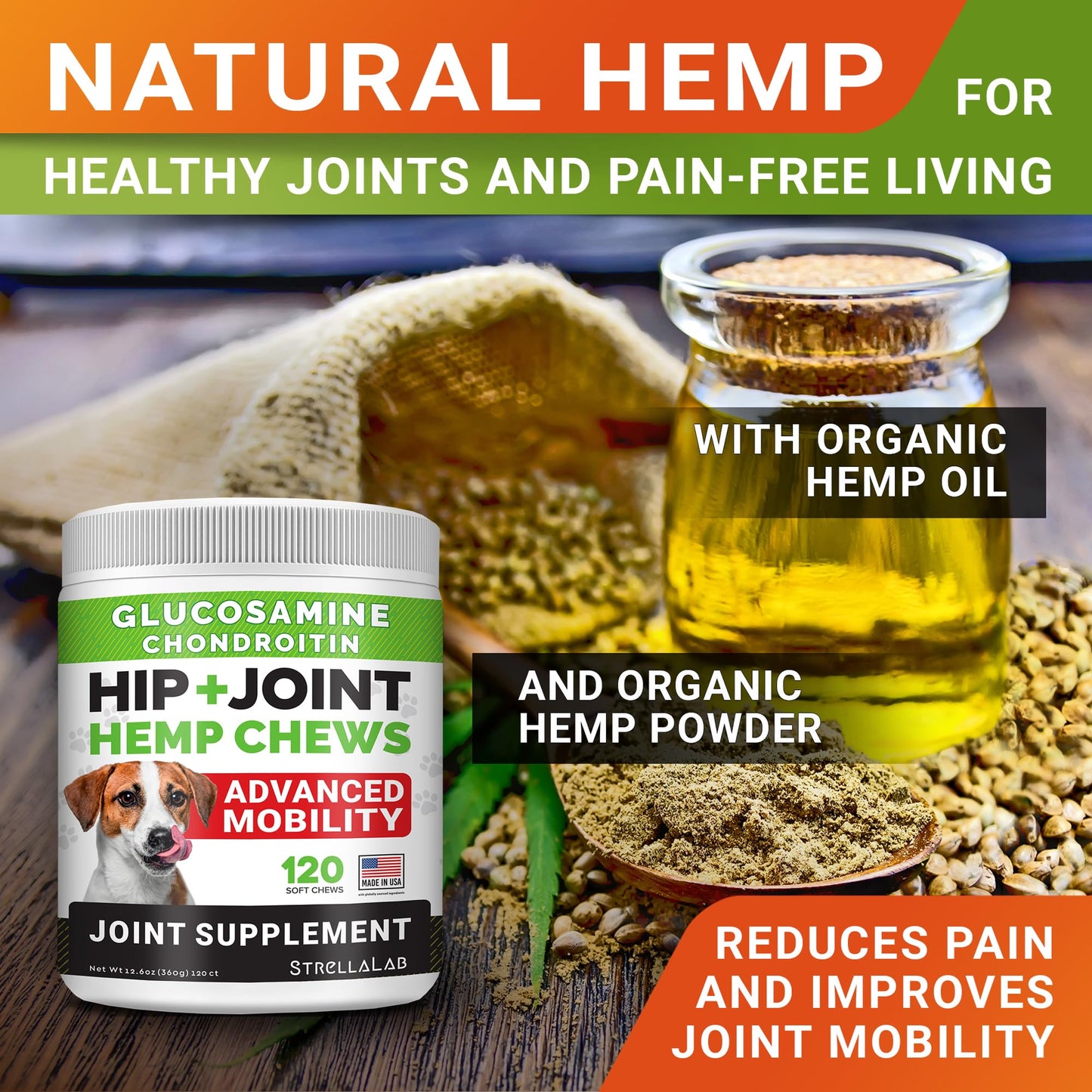Hemp Chews for Dogs - Hip & Joint Supplement with Glucosamine - Joint Pain Relief Treats - Omega 3, Chondroitin, MSM - Advanced Mobility Support - Chicken Flavor - 120 Ct - Made in USA