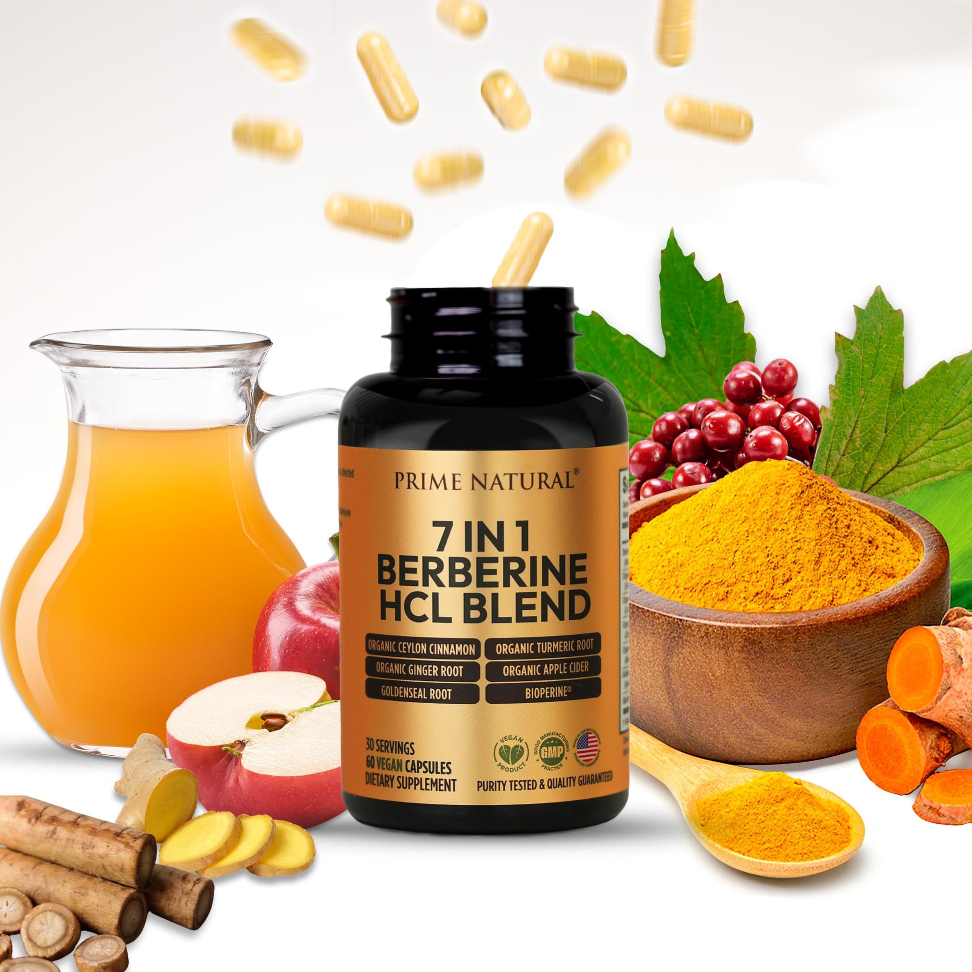 PRIME NATURAL Berberine HCl 600mg Organic Ceylon Cinnamon 400mg Organic Turmeric 200mg Organic Ginger 130mg Organic Apple Cider Vinegar 65mg Goldenseal Root 6.5mg Bioperine 3mg | 60 Capsules - Medaid International