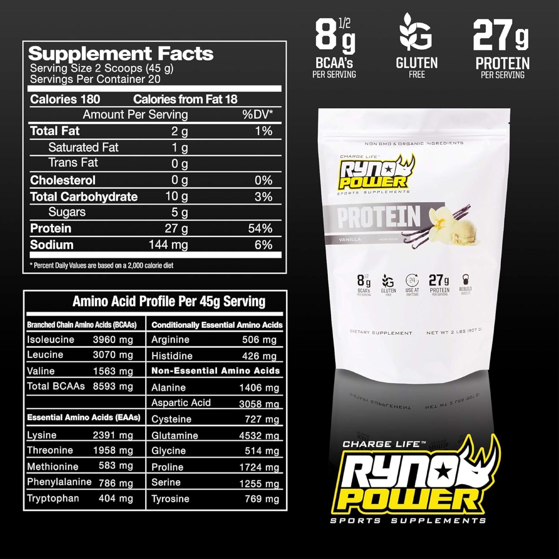 Ryno Power All Natural Whey Protein 2lb (20 Servings) 'Vanilla' - 100% Whey Protein Blend & No Fillers - Non GMO - Medaid International