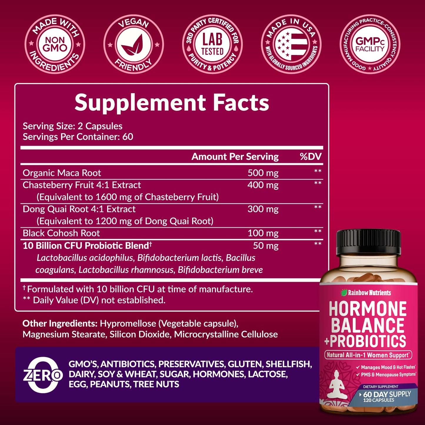 Hormone Balance + Probiotics for Women- Natural Menopause Relief, Weight Management, Bloating, Hot Flashes, PMS | Organic Maca, Chasteberry, Dong Quai & Black Cohosh | Non GMO |120 V Capsules - Medaid International
