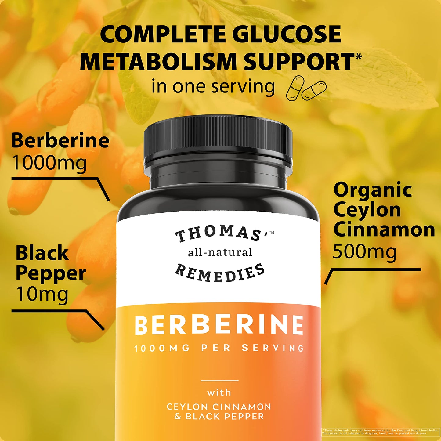 Thomas' all-natural Remedies Berberine 500mg (1000mg Per Serving)- 120 Vegan Capsules- with Ceylon Cinnamon & Black Pepper- Supports Healthy Immune Function & Overall Wellness - Medaid International