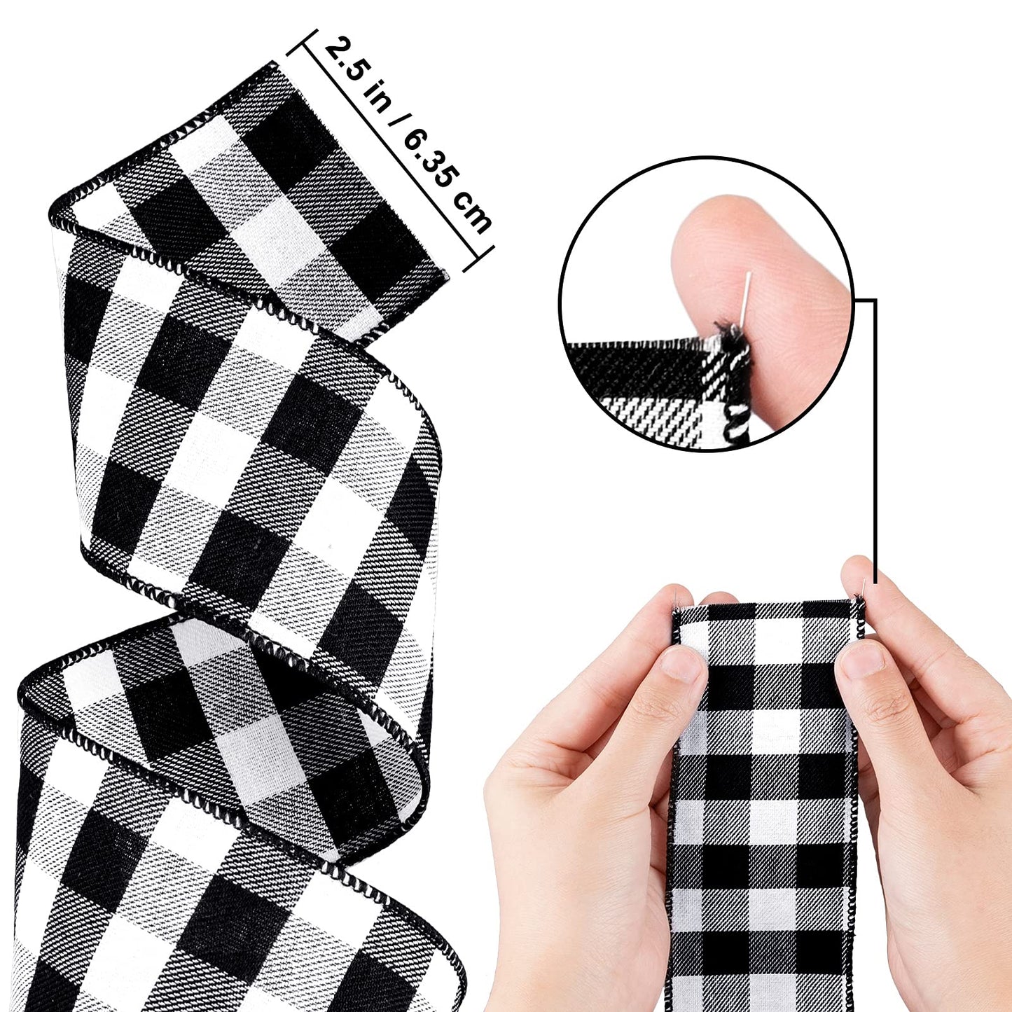 Whaline 2 Rolls Wired Edge Plaid Ribbon Christmas Buffalo Check Ribbon White Black Plaid Ribbon 2.5" Wide Farmhouse Craft Ribbon for DIY Gift Wrapping Wreath Xmas Tree Bow Decoration, 10 Yard - Medaid International