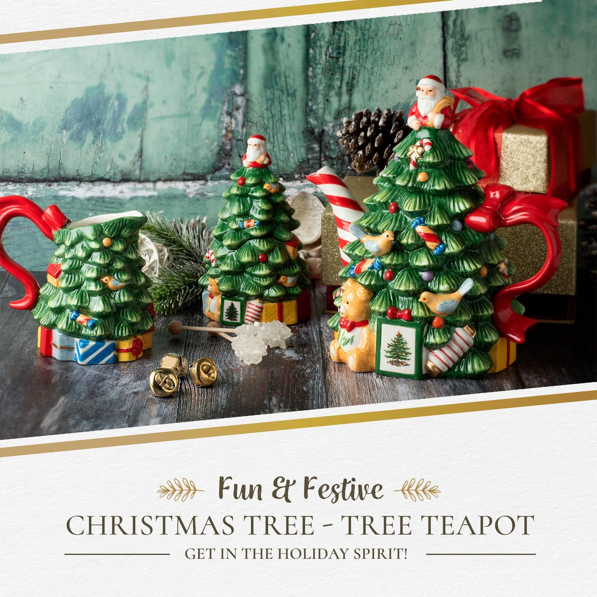 Spode Christmas Tree Figural Teapot - Festive 27 oz Christmas Teapot with Mistletoe Accents, Peppermint Stripe Spout, and Ribbon Handle - Decorative Dolomite Tea Pot for Holiday Tea Parties - Medaid International