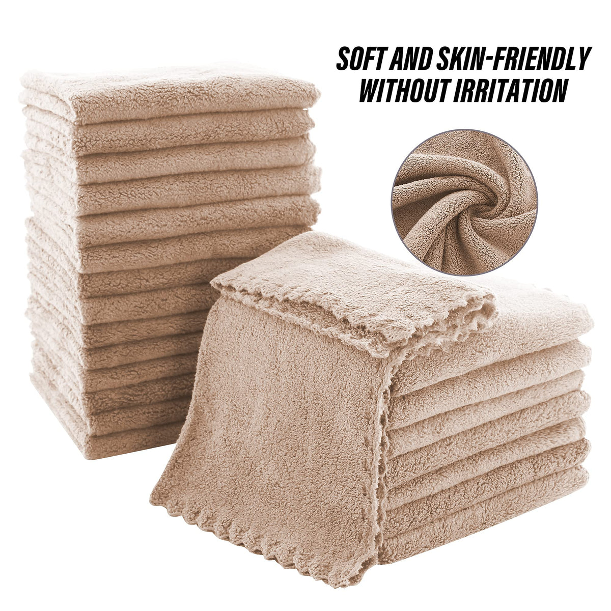 KASTWAVE Ultra Soft Premium Washcloths Set - 12 x 12 inches - 24 Pack - Quick Drying - Highly Absorbent Coral Velvet Bathroom (Khaki, 12 x 12 Inch)