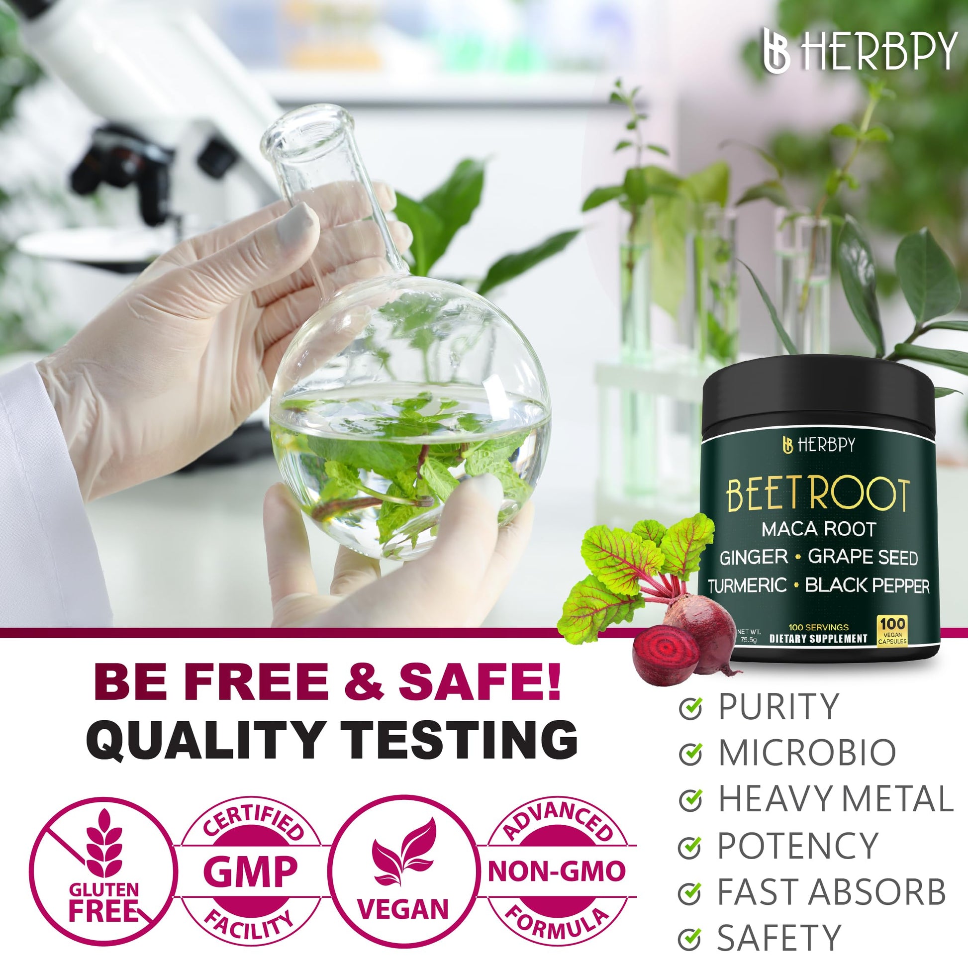 Herbpy 6in1 Beetroot Supplement with Maca Root, Grape Seed, Ginger, Turmeric and Black Pepper for Heart Health & Immune Support - 100 Vegan Capsules - Medaid International