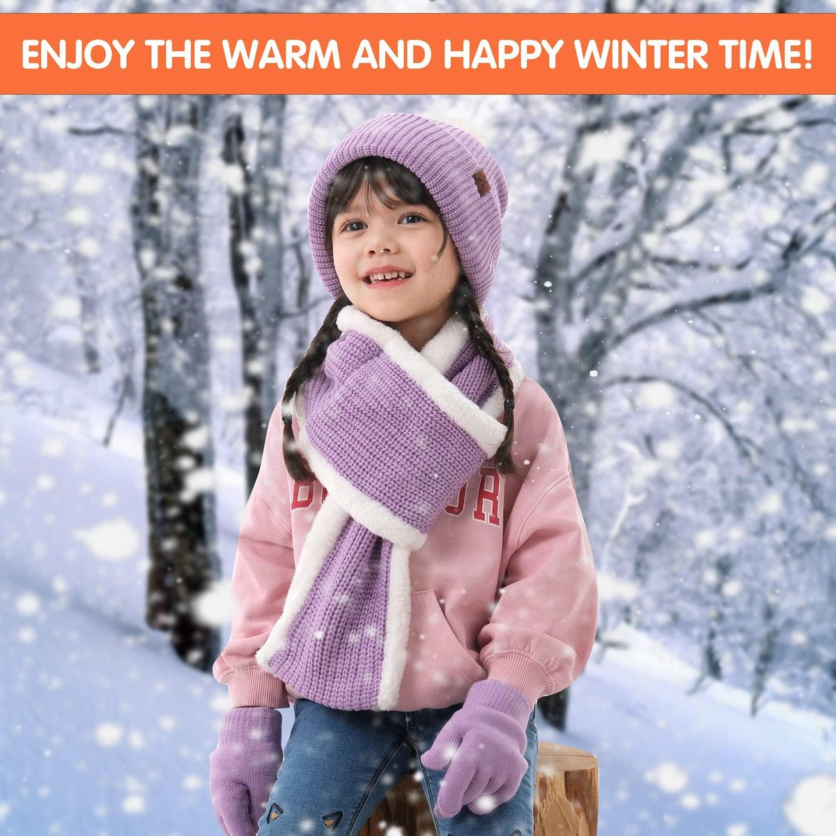 KASTWAVE Kids Beanie Hat Scarf Set, Kids Winter Hat Scarf Gloves Set, 3 in 1 Thermal Knit Hat Scarf Gloves Set with Double Layer Fleece Lining, for Toddler Boys Girls for 1-6 Years Old Kids (Purple)