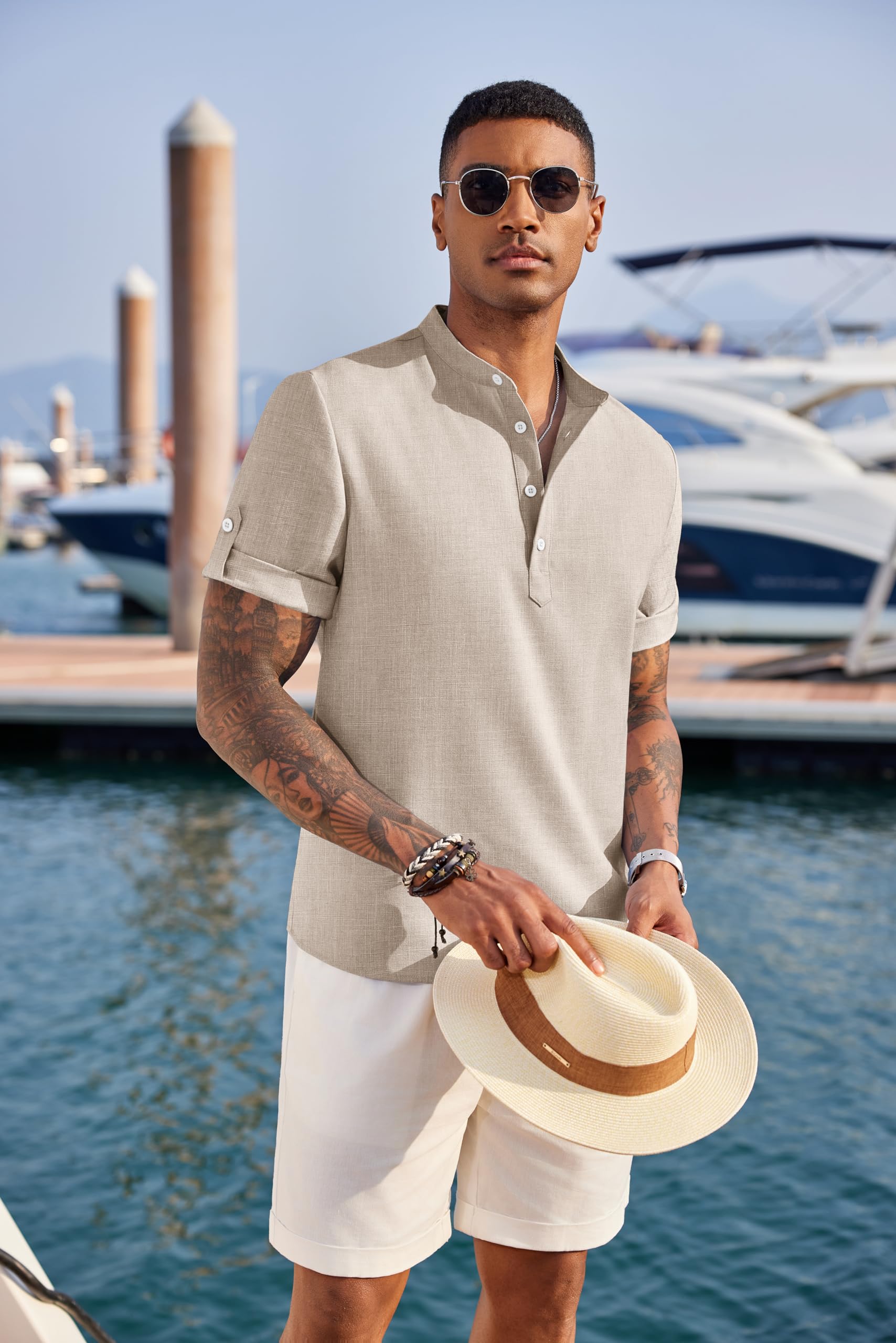 COOFANDY Men's Cotton Linen Henley Shirt Short Sleeve Hippie Casual Band Collar Summer Beach T-Shirts Khaki - Medaid International