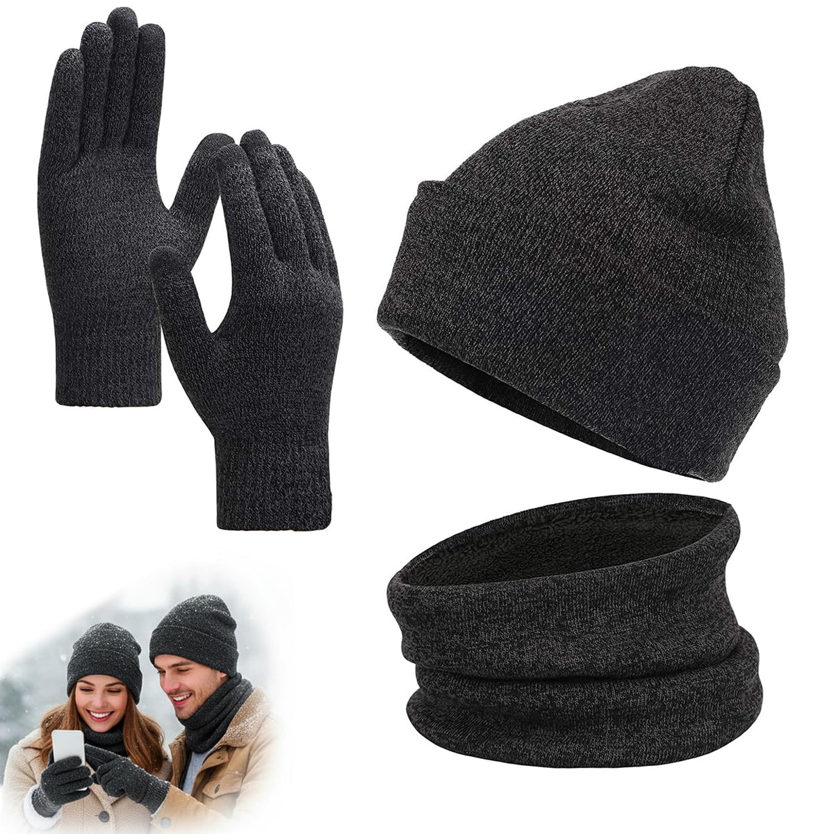 KASTWAVE Winter Beanie Hat Scarf Touchscreen Gloves Set, Knit Thick Fleece Lined Warm Touchscreen Gloves Beanie Scarf Set for Men and Women, Women Winter Hats 3-Piece Warmer Gift Box