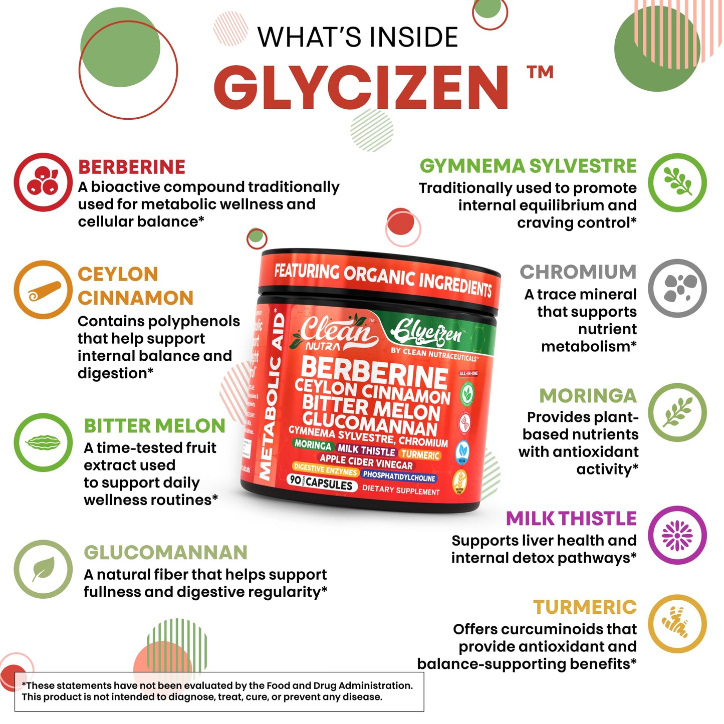 Clean Nutra Berberine and Ceylon Cinnamon Supplement Bitter Melon Glucomannan Gymnema Sylvestre Chromium Moringa Milk Thistle Turmeric Apple Cider Vinegar Digestive Enzymes Inositol Pills 90 Capsules - Medaid International