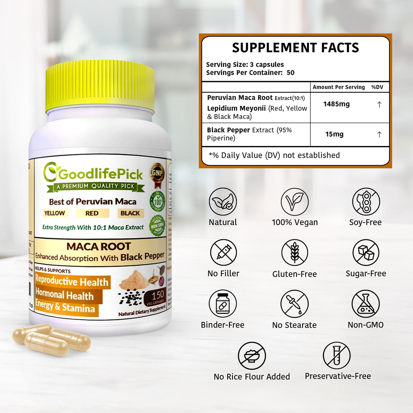 Peruvian Maca Root Capsules 150 ct. Powerful Maca Blend of Yellow Red & Black Maca Root with Black Pepper. All Natural NonGMO Vegan No Stearate No Rice Powder No Silica No Filler - Medaid International