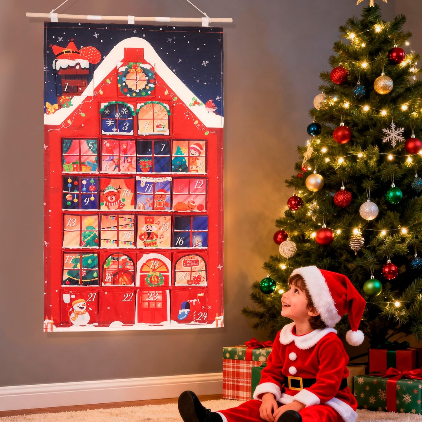HOWAF Red House Fabric Christmas Advent Calendar with Pockets (Countdown to Christmas), 24 Days Mystery Christmas Countdown Calendar for Xmas Holiday Home Wall Decoration - Medaid International