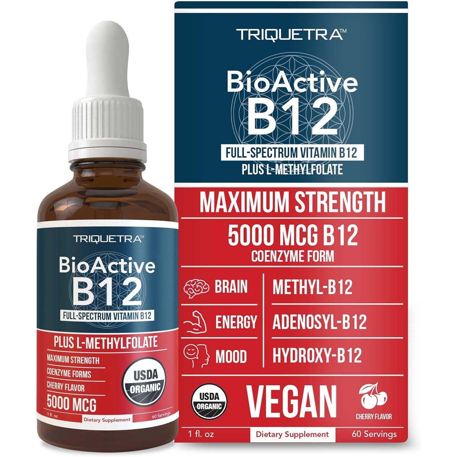 BioActive Vitamin B12 5000 mcg | Contains 3 BioActive B12 Forms Plus Methylfolate Cofactor - Methyl B12, Adenosyl B12 & Hydroxy B12 | Sublingual Form, Cherry Flavor, Organic, Vegan (60 Servings) - Medaid International